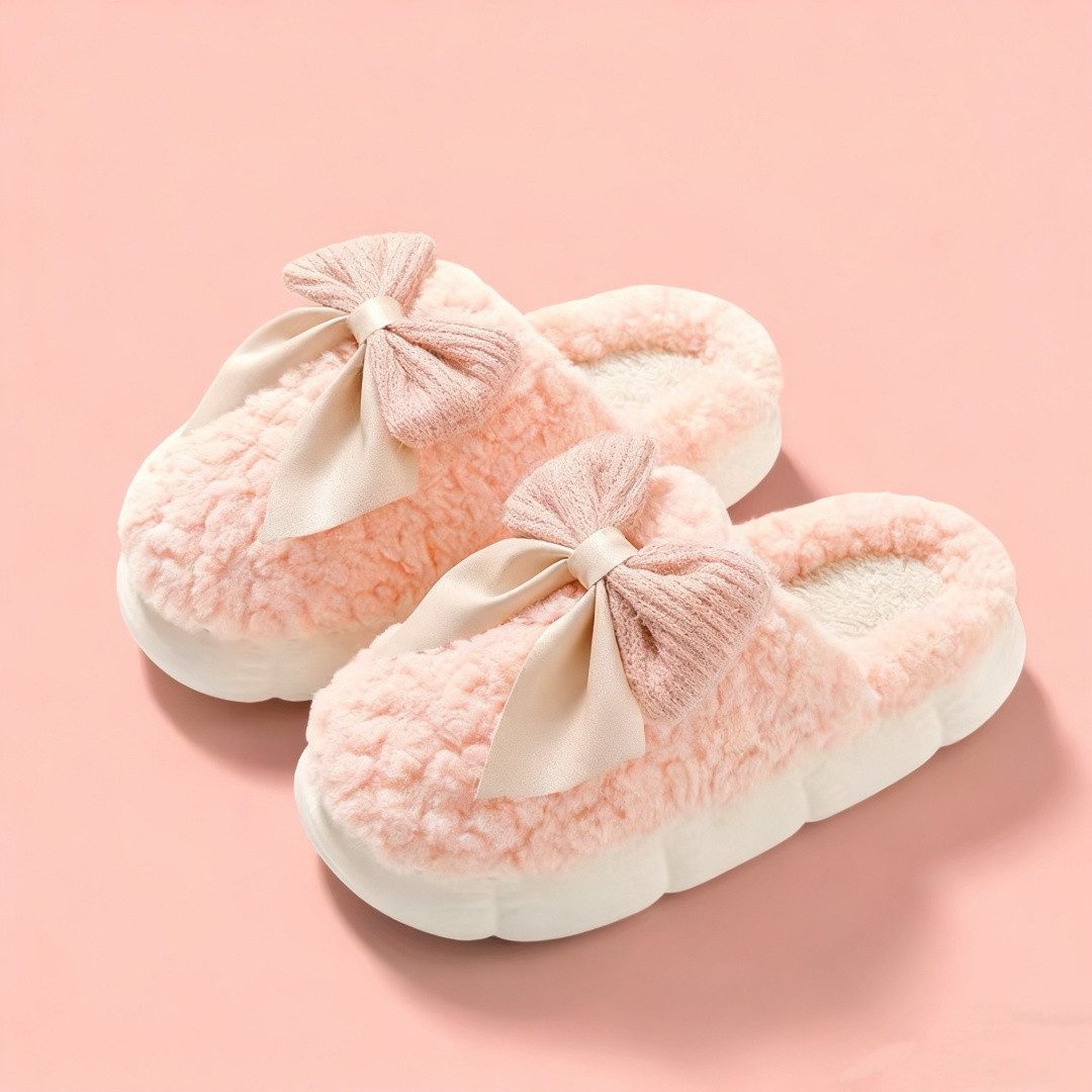 HoyoLee Handels GmbH Damen Plüsch-Pantoffeln Winter mit Schleife Hausschuhe Warm Slipper