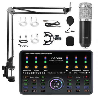 HIYORI Professionelles Livestreaming Soundkarten-Set – BM800 Mikrofon Soundkarte, DJ10 Interface, Großes Popfilter, Schwenkarm & Typ-C OTG-Kabel