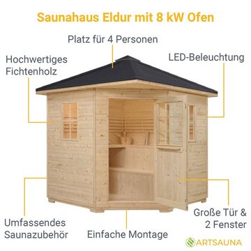 Artsauna Saunahaus Eldur, BxTxH: 200 x 200 x 256 cm, 40 mm, für 4 Personen, Fichtenholz, 8 kW Ofen, Sanduhr, Thermo-Hygrometer