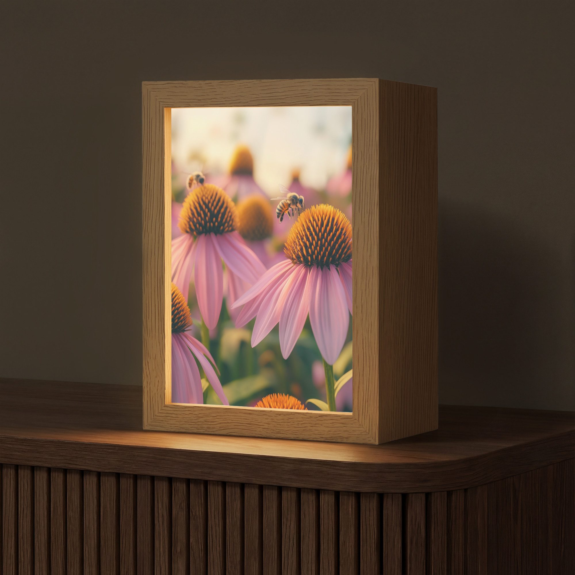 OnlyWow Tischleuchte Lightbox Blumen - Lila - Bienen, Dimmbar, Farbwechsel, LED, Warmweiß, Kaltweiß, Neutralweiß Einstellbar, Tischlampe, Schreibtischlampe, Desk, Dimmbar, mit Kabel, LED