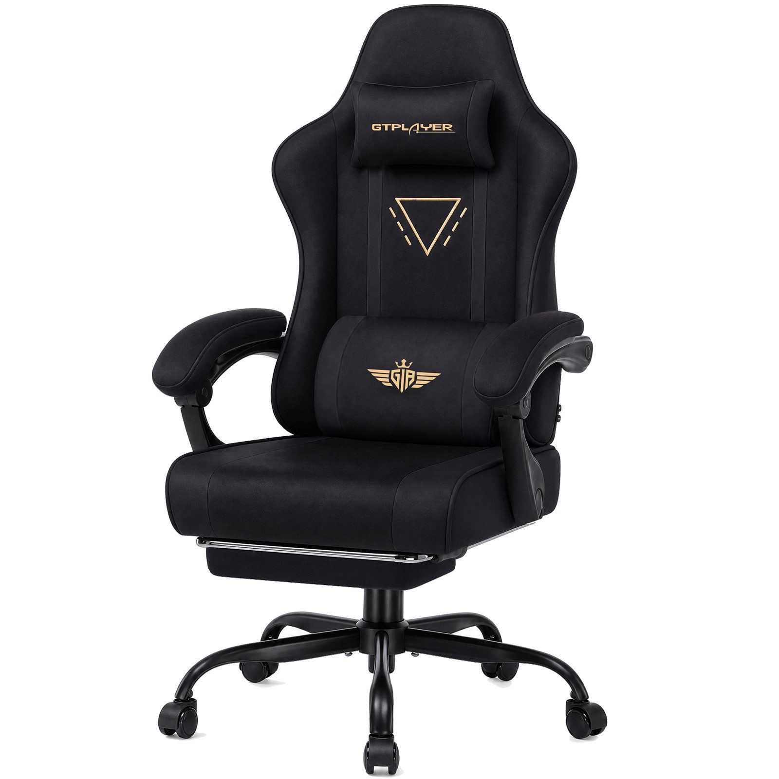 GTPLAYER Gaming-Stuhl Ergonomischer Gaming Sessel Schreibtischstuhl mit Federsitzkissen, Stoffoberfläche, Verbindungsarmlehnen und Fußstütze 150KG