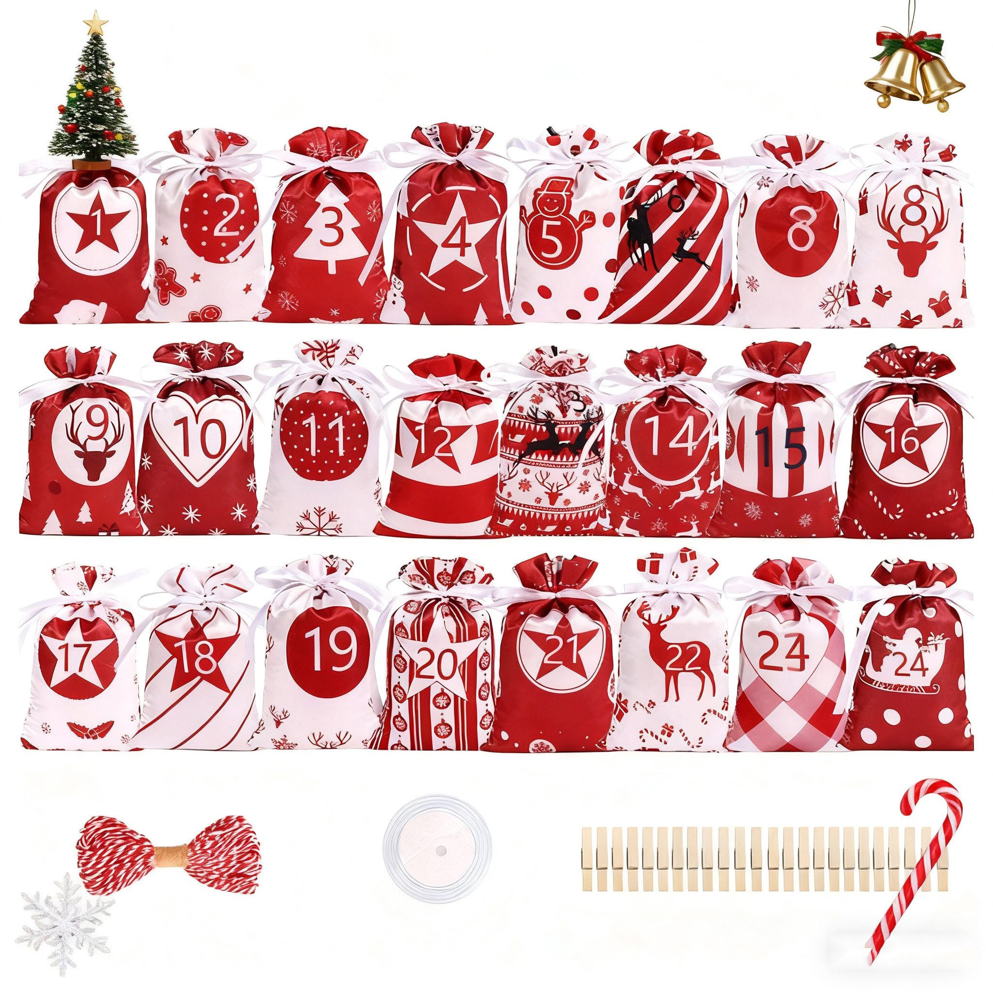 CLTYQ befüllbarer Adventskalender 24 Stück Adventskalender-Taschen,Weihnachts-Countdown-Geschenktüten, Wiederverwendbare Stoff-Geschenktüten mit Kordelzug für DIY Deko
