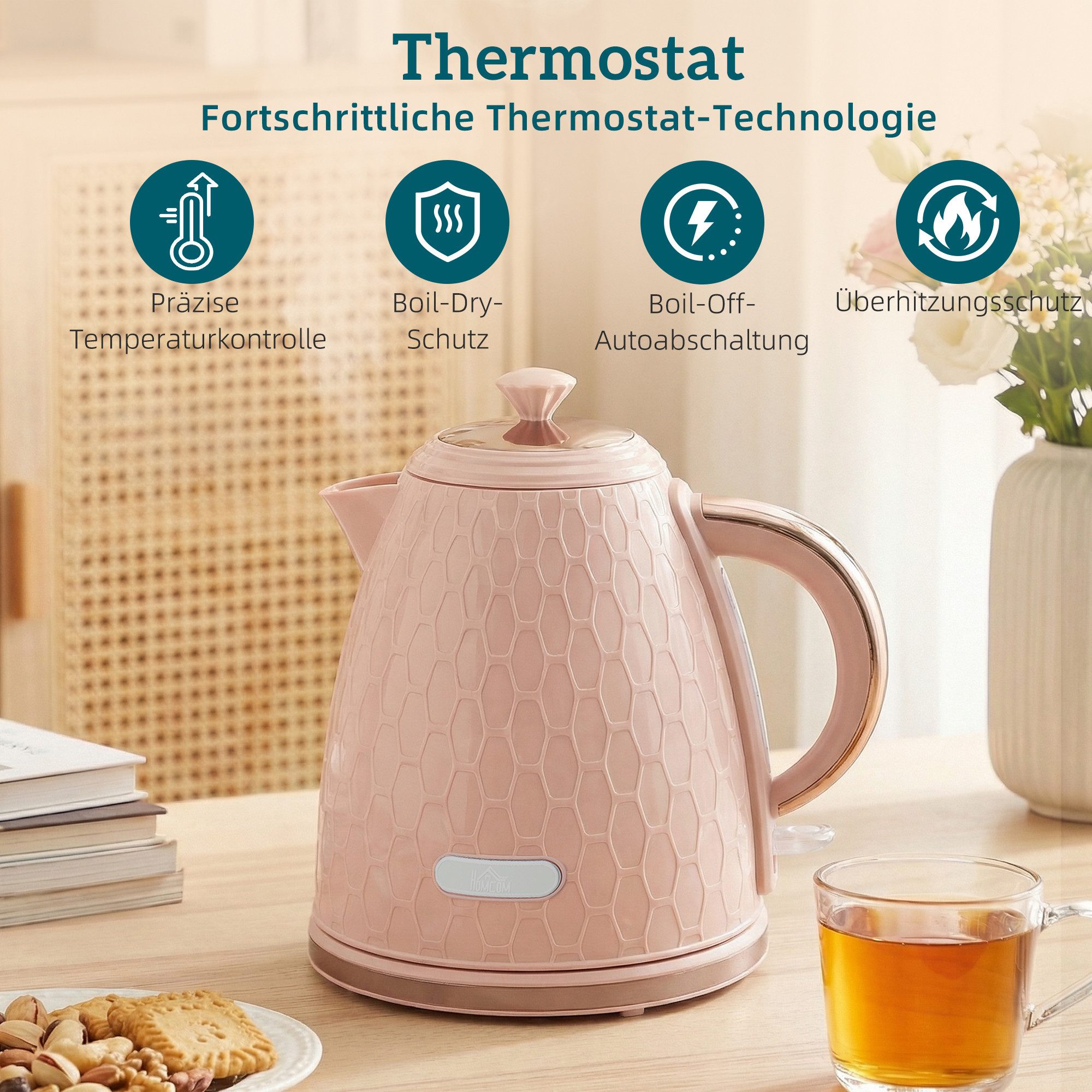 HOMCOM Frühstücks-Set Wasserkocher mit automatischer Abschaltung, 2-Scheiben-Toaster (2-tlg), Set in Rosa, Schnellkochfunktion – Bild 5 von 5