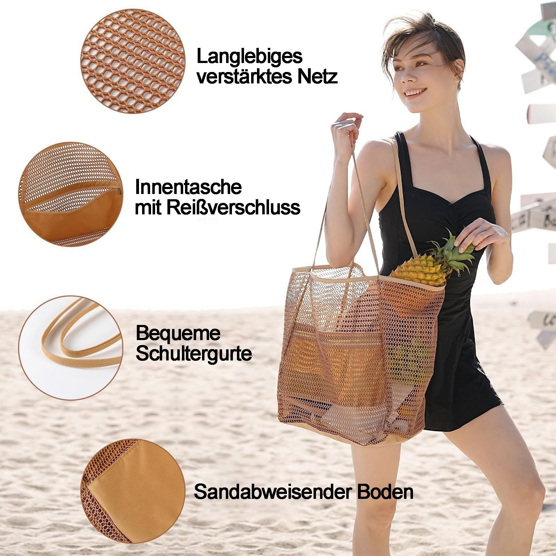 Mutig Strandtasche Strandtasche Groß, Mesh mit Reißverschluss Shopper Damen Badetasche (Handtasche mit Reißverschluss Wasserdicht Sanddicht, Damen 15L, Faltbar für Damen, Strand, Pool, Urlaub, Fitnessstudio & Familie)