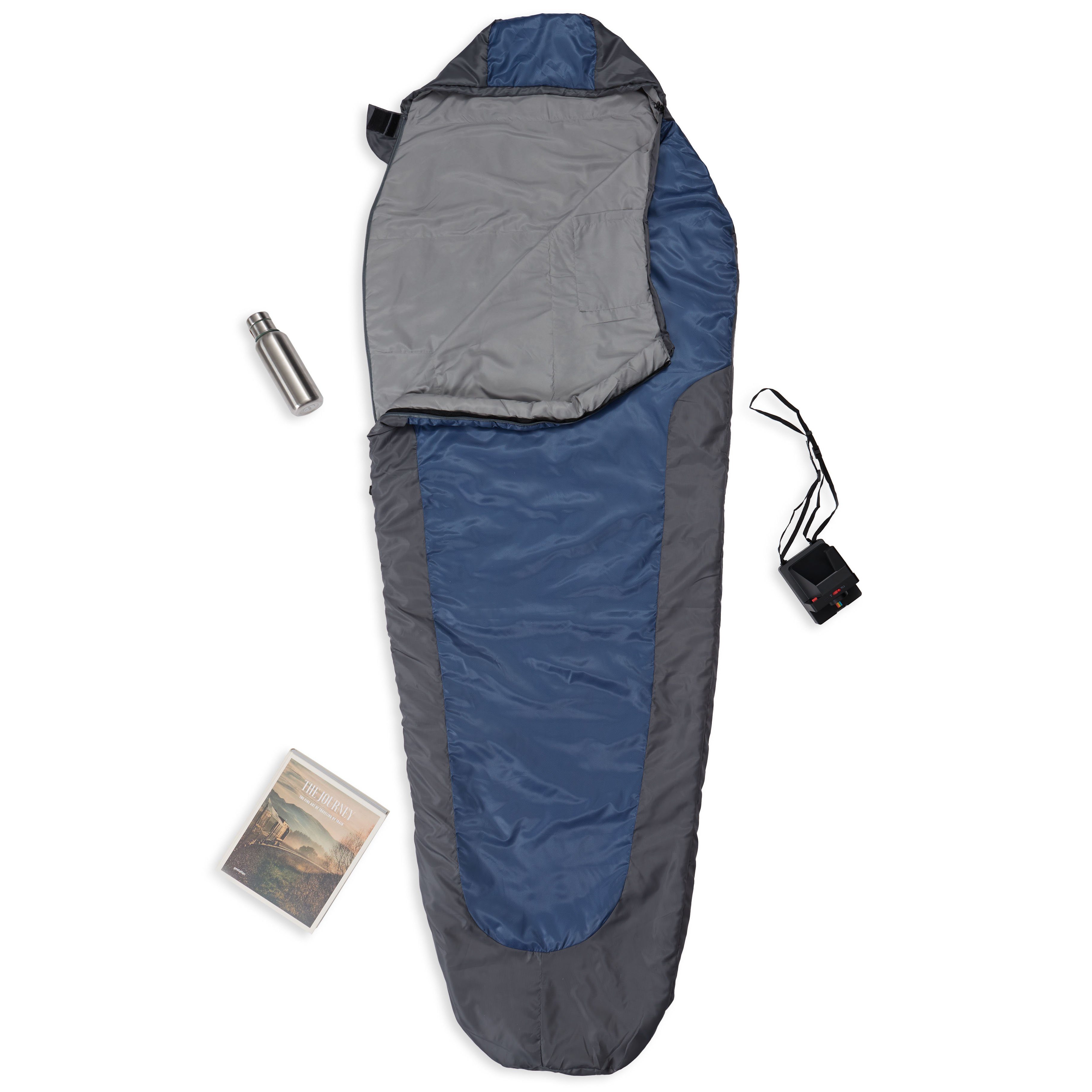 Lumaland Mumienschlafsack Outdoor Tomorrow grau/navyblau Camping -5°C Camping Where im wasserabweisend Schulterbereich Schlafsack 220x80x50, Wärmekragen