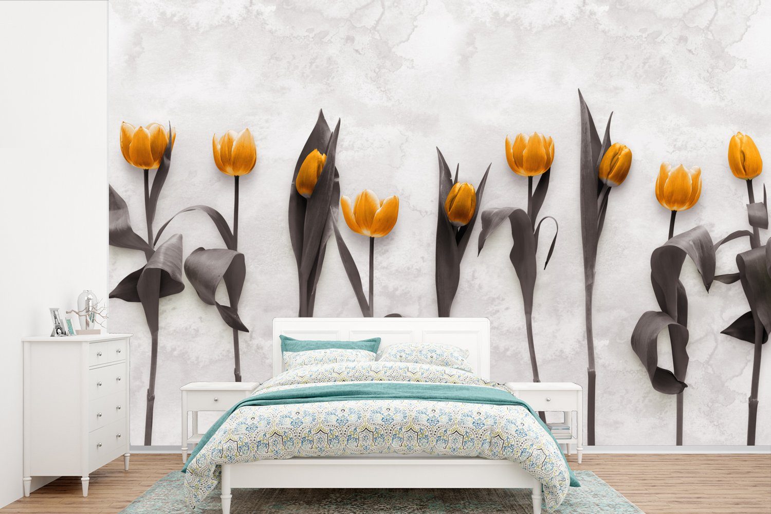 MuchoWow Fototapete Blumen - Tulpen - Marmor, Matt, bedruckt, (6 St), Wallpaper für Wohnzimmer, Schlafzimmer, Kinderzimmer, Vinyl Tapete