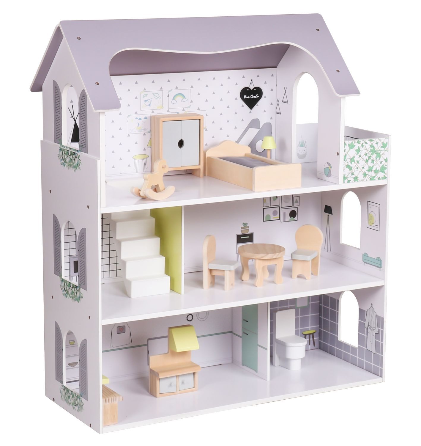Coemo Puppenhaus ANNA, (möbliertes Puppenhaus Holz, 11-tlg), 3-stöckige Puppenstube aus Holz, komplett mit Möbel und Zubehör