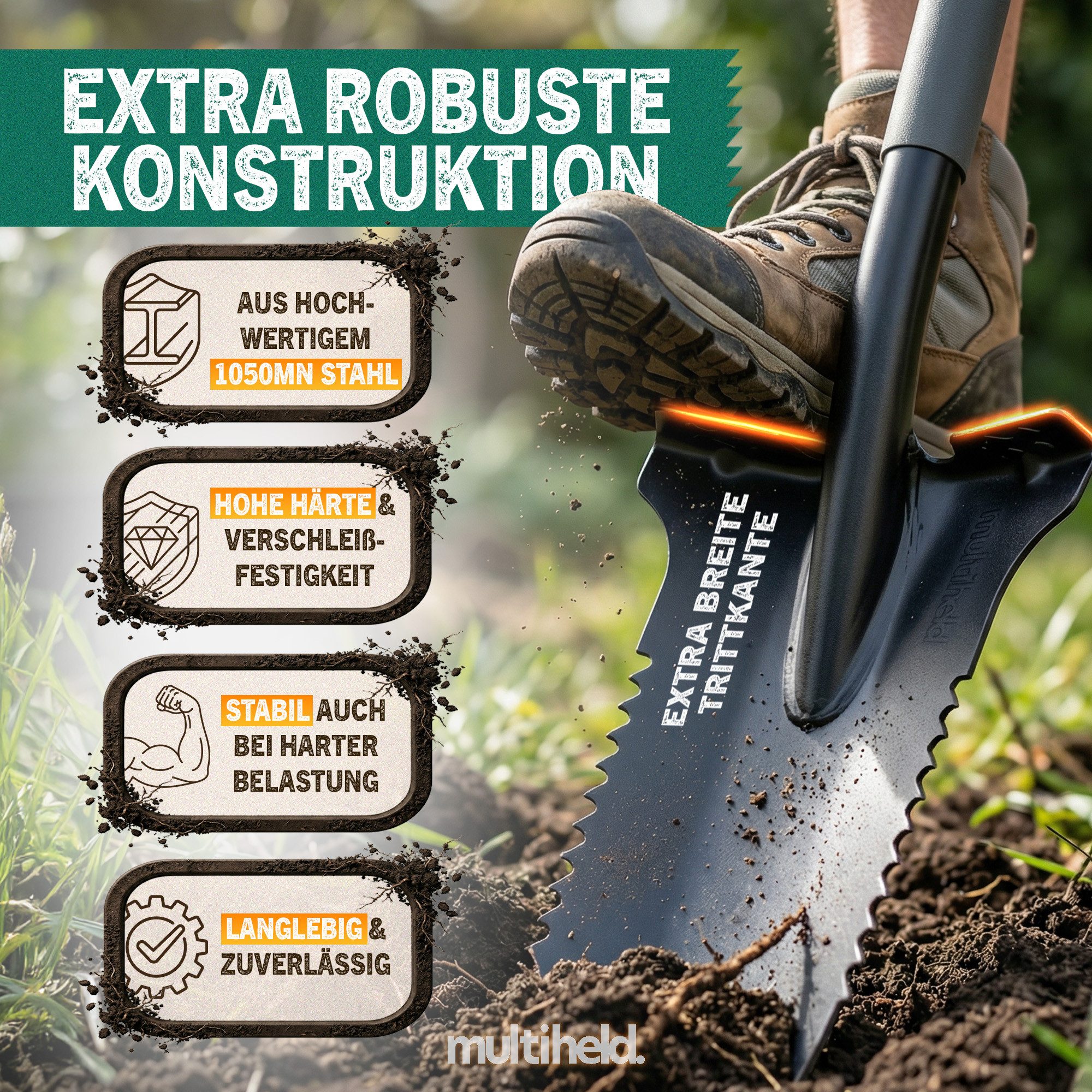 Multiheld Spaten Wurzelspaten mit Säge 120cm, 1050Mn Stahl, ergonomisch, (Robustes Gartenwerkzeug, 1-St), ergonomischer Softtouch-Griff, extra breite Trittkante