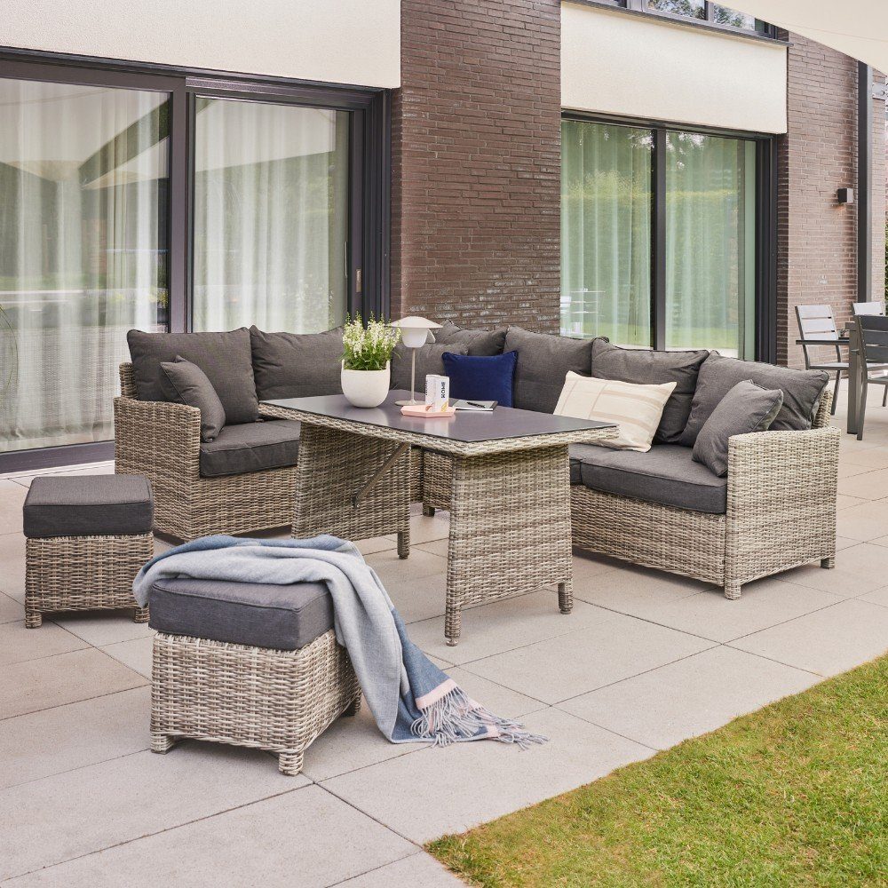 HOME DELUXE Sitzgruppe Rattan Sitzgruppe - BAHIA, (4-tlg., inkl. Hocker, Tisch mit Glasplatte und Sitzpolster), Rahmen aus leichtem, extrastabilem und rostfreiem Aluminium