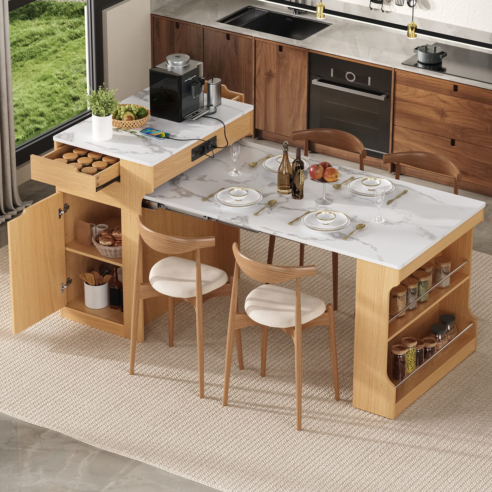 Celya Kücheninsel Ausziehbarer Esstisch mit Rollen und Schubladen, (mit Steckdosenleisten, Griffloses Design), dient als Kücheninsel, Sideboard oder Anrichte