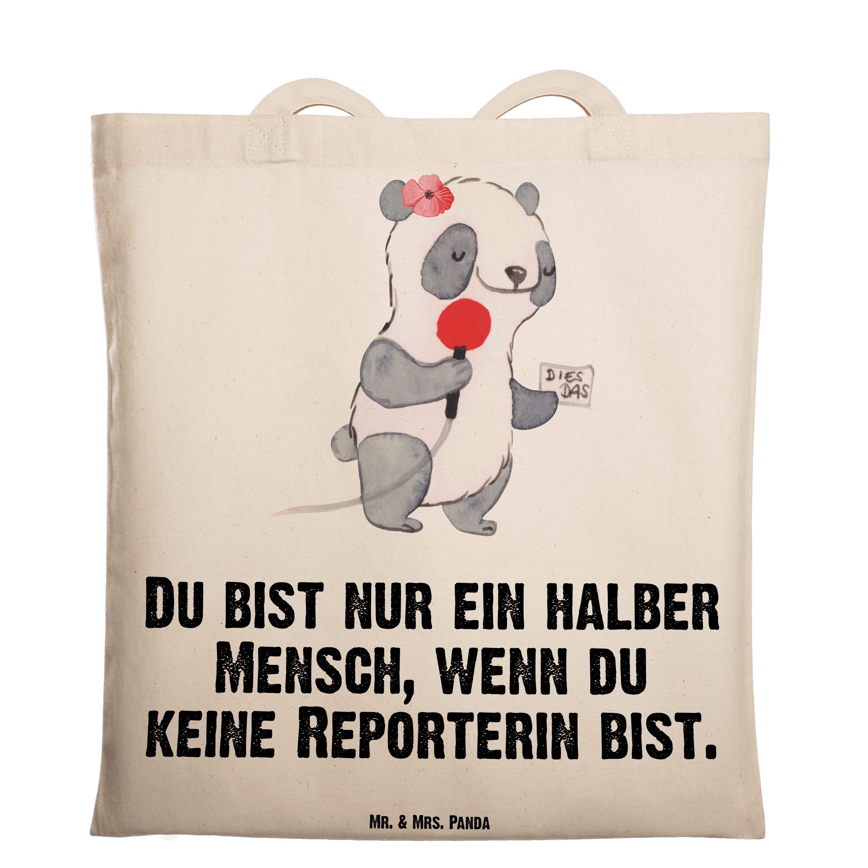 Mr. & Mrs. Panda Tragetasche Reporterin mit Herz - Transparent - Geschenk, Beuteltasche, Stoffbeut (1-tlg)