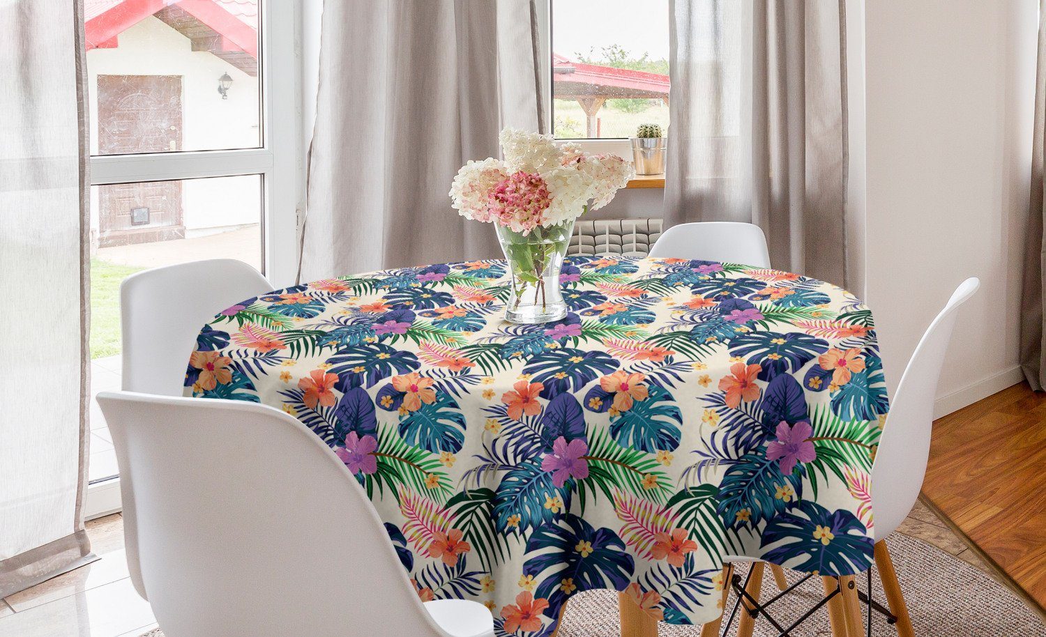 Abakuhaus Tischdecke Kreis Tischdecke Abdeckung für Esszimmer Küche Dekoration, Tropisch Blumen Exotische Pflanzen