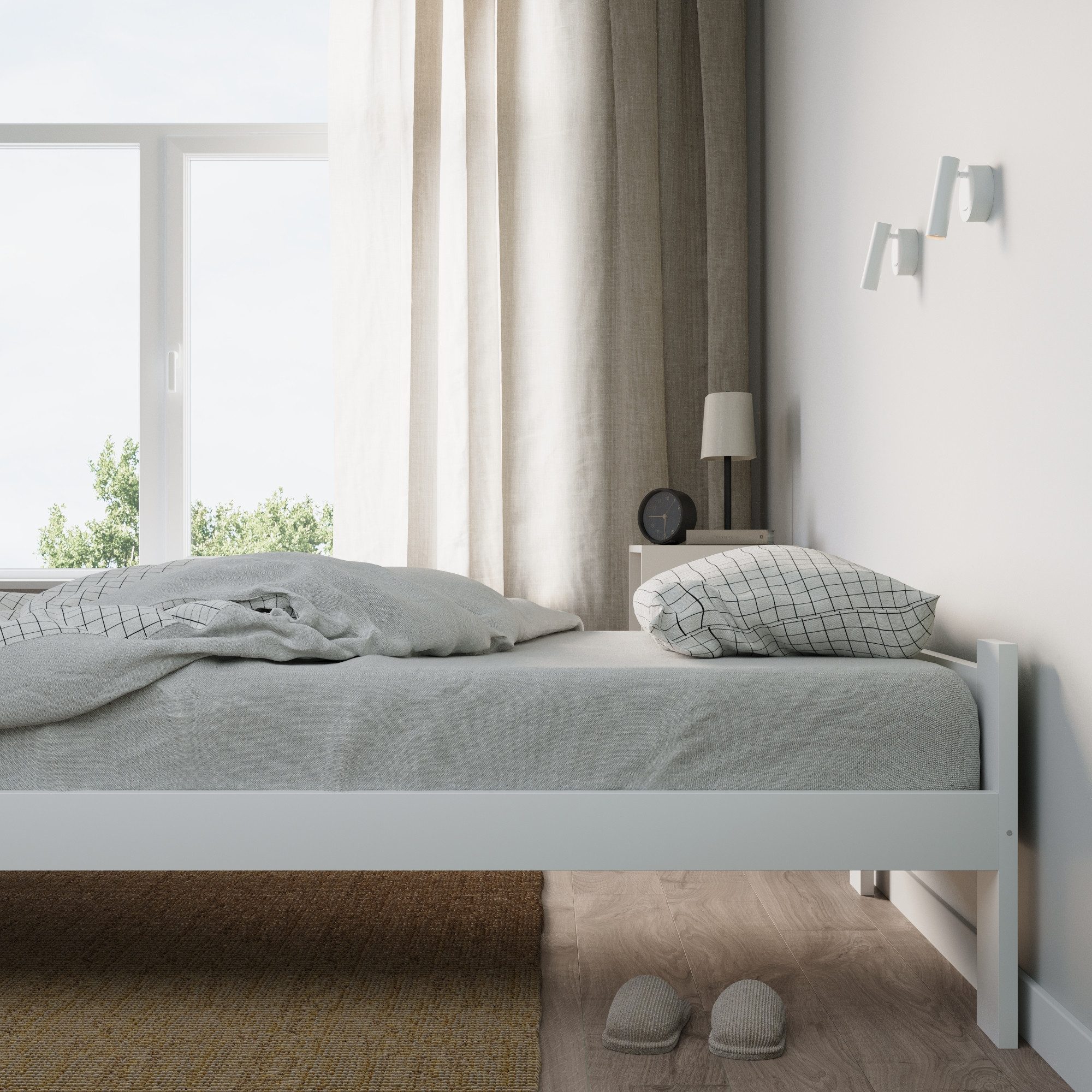 Home Collective Holzbett mit Lattenrost Modern Bett Kiefer Bettgestell Massivholzbett Klassisch (90x200, 120x200, 140x200, 160x200 cm), Einzelbett, Skandi Boho Landhaus Kopfteil flach 100x200 cm weiß