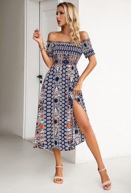 BlauWave Chiffonkleid A-Linien-Kleid Damen Einschultriges Kleid (1-tlg., für Strandpartys, langes Maxikleid Damen-Kleid) boho kleider Blumenmuster