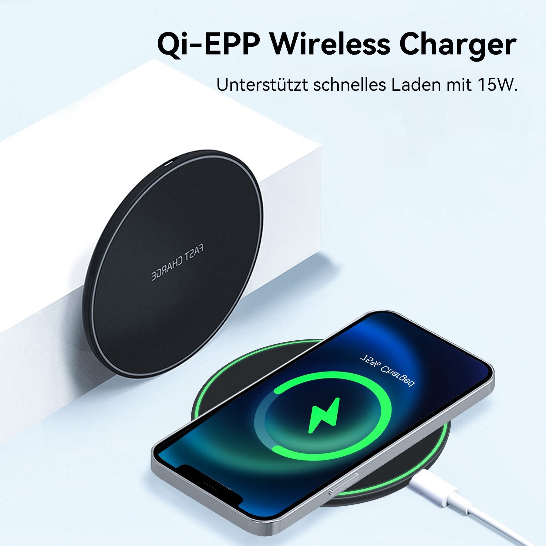 Senmudi Induktionsladegerät 15W Fast Wireless Charger Induktions-Ladegerät Induktions-Ladegerät (USB-C für iPhone, induktives magnetisches Ladepad, Lader - Induktive Ladestation - Qi Wireless Charger, Für iPhone 15, 14, 13, 12, 11 Pro, XS, X, XR, AirPods 3/2,Samsung usw)