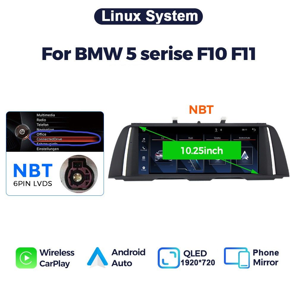 GABITECH Für BMW F10 F11 NBT 10.2" Touchscreen Android GPS Carplay Display Einbau-Navigationsgerät (Wireless Carplay und Android Auto, Linux System) – Bild 4 von 5