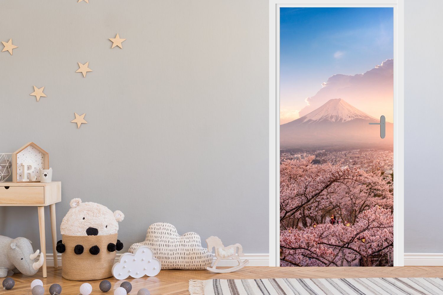 MuchoWow Türtapete Pagode Fuji für - Tür, bedruckt, St), - Türaufkleber, - Matt, cm Japan, Fototapete 75x205 (1 Blütenzweige - Sakura