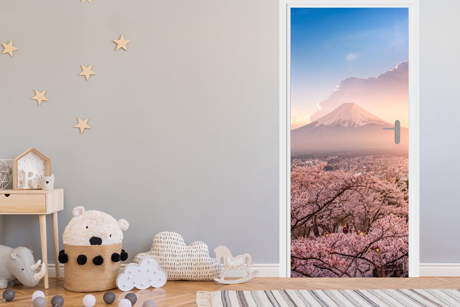 MuchoWow Türtapete Pagode - Sakura - Fuji - Blütenzweige - Japan, Matt, bedruckt, (1 St), Selbstklebende Tapete, Folie für Möbel, 75x205 cm – Bild 3 von 5