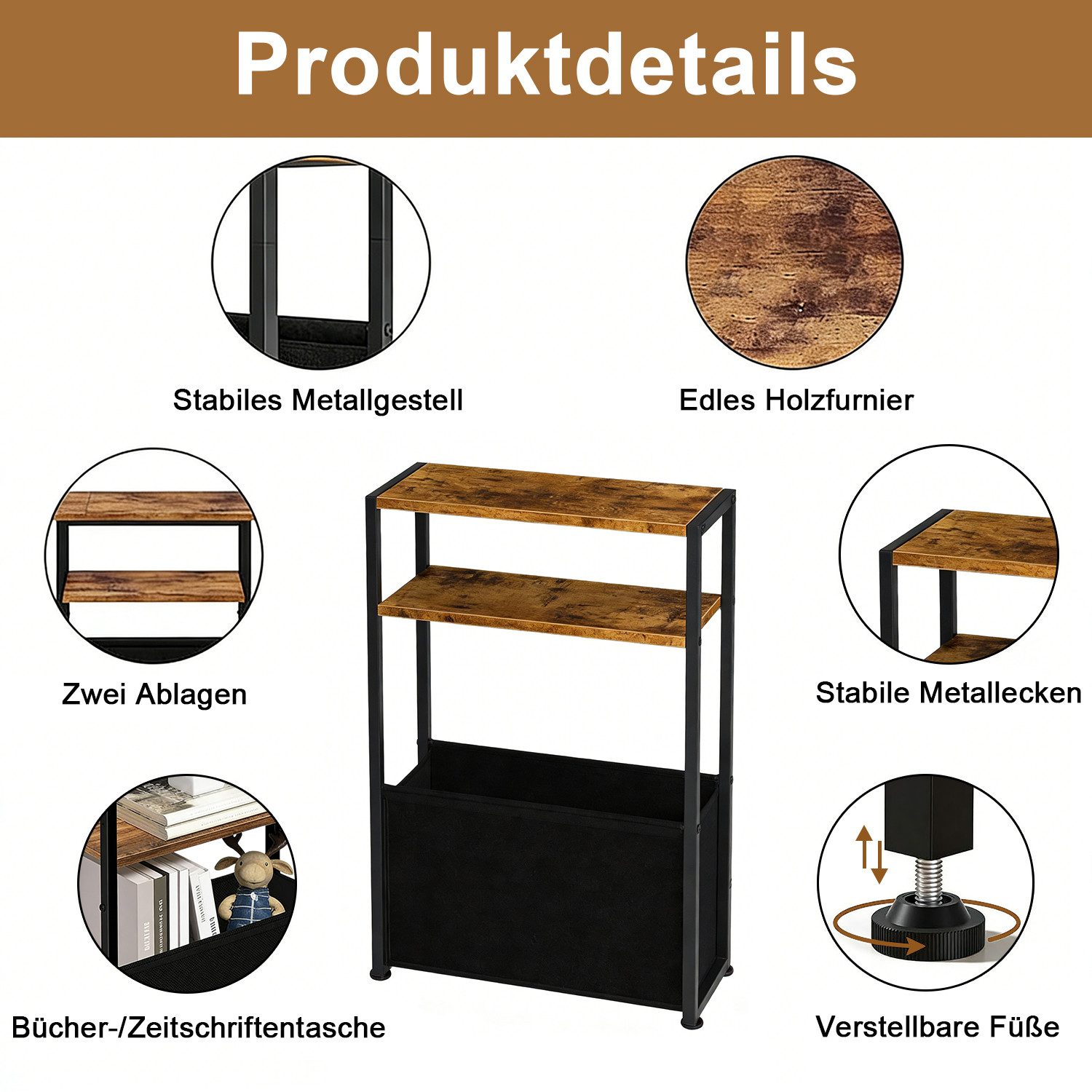 HEYHIPPO Ablageregal Schmaler Tisch mit Stoffkorb (65x40cm), platzsparend für kleine Räume, Schmales Nachttischchen mit Stoffkorb,65 cm hoch,bis 13,6 kg belastb – Bild 4 von 5