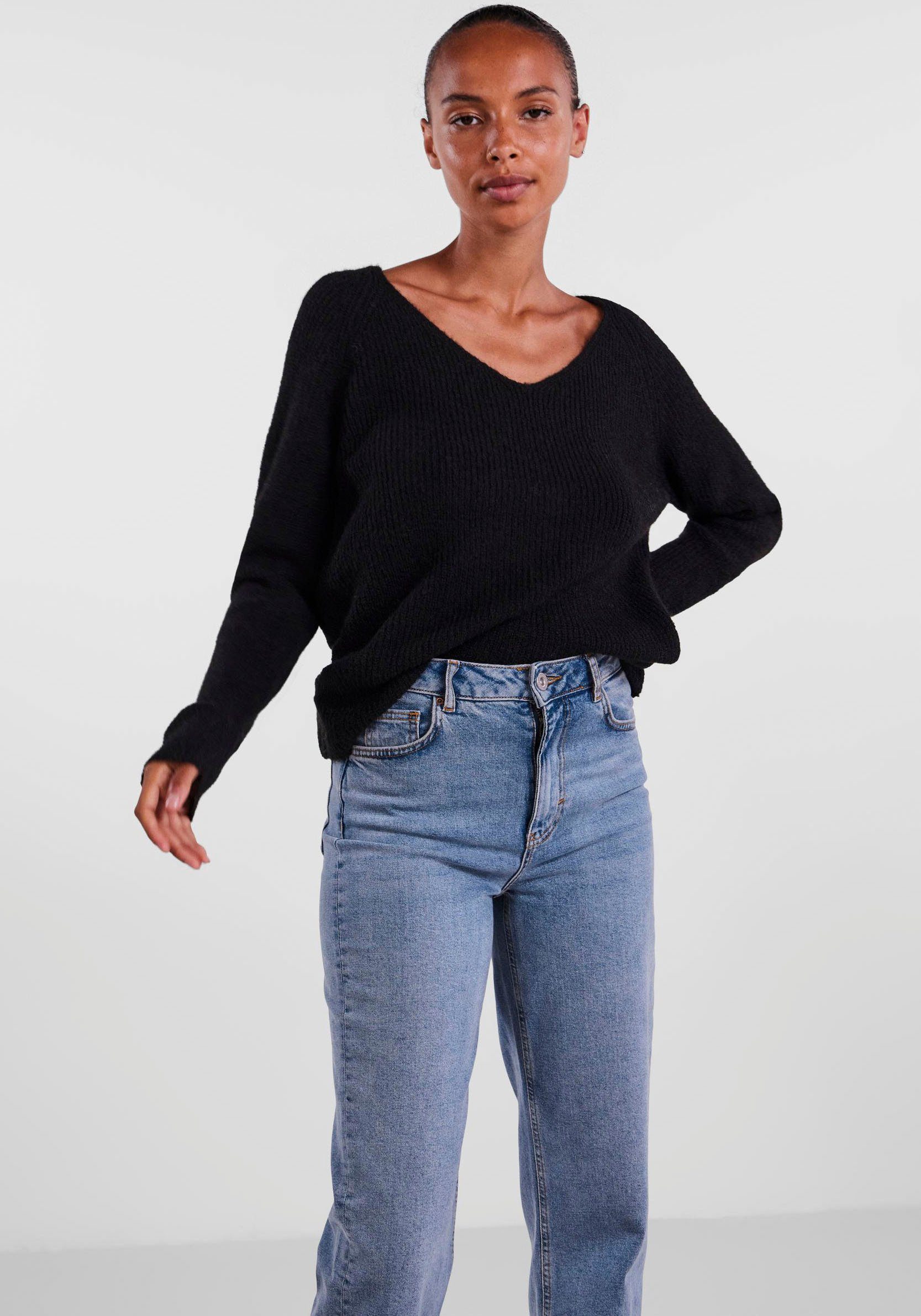 pieces V-Ausschnitt-Pullover PCELLEN LS V-NECK KNIT NOOS BC mit Wolle