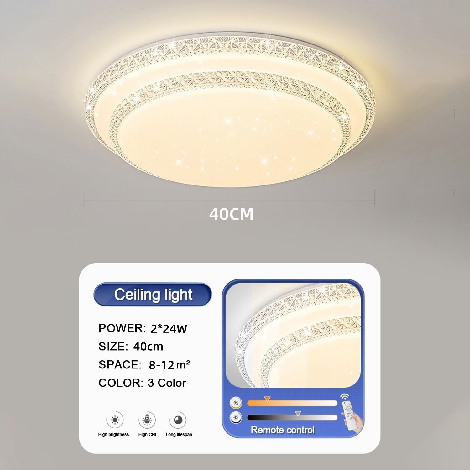 POPOLIC Deckenleuchte LED-Deckenleuchte, 3 Farben, dimmbar, runde LED-Aufbauleuchte, mit Fernbedienung, Kristallrand-Deckenleuchte