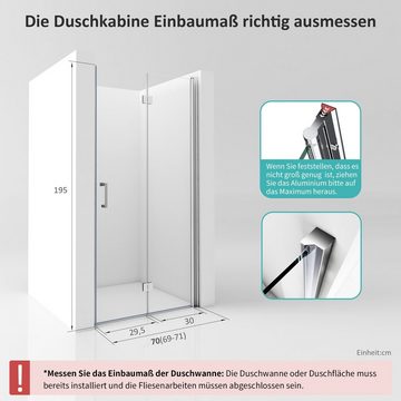 Boromal Dusch-Falttür Nischentür Dusche 70-120cm Duschtür Faltbar Nische Glastür 195H, 70x195 cm, Sicherheitsglas, Duschabtrennung Duschkabine