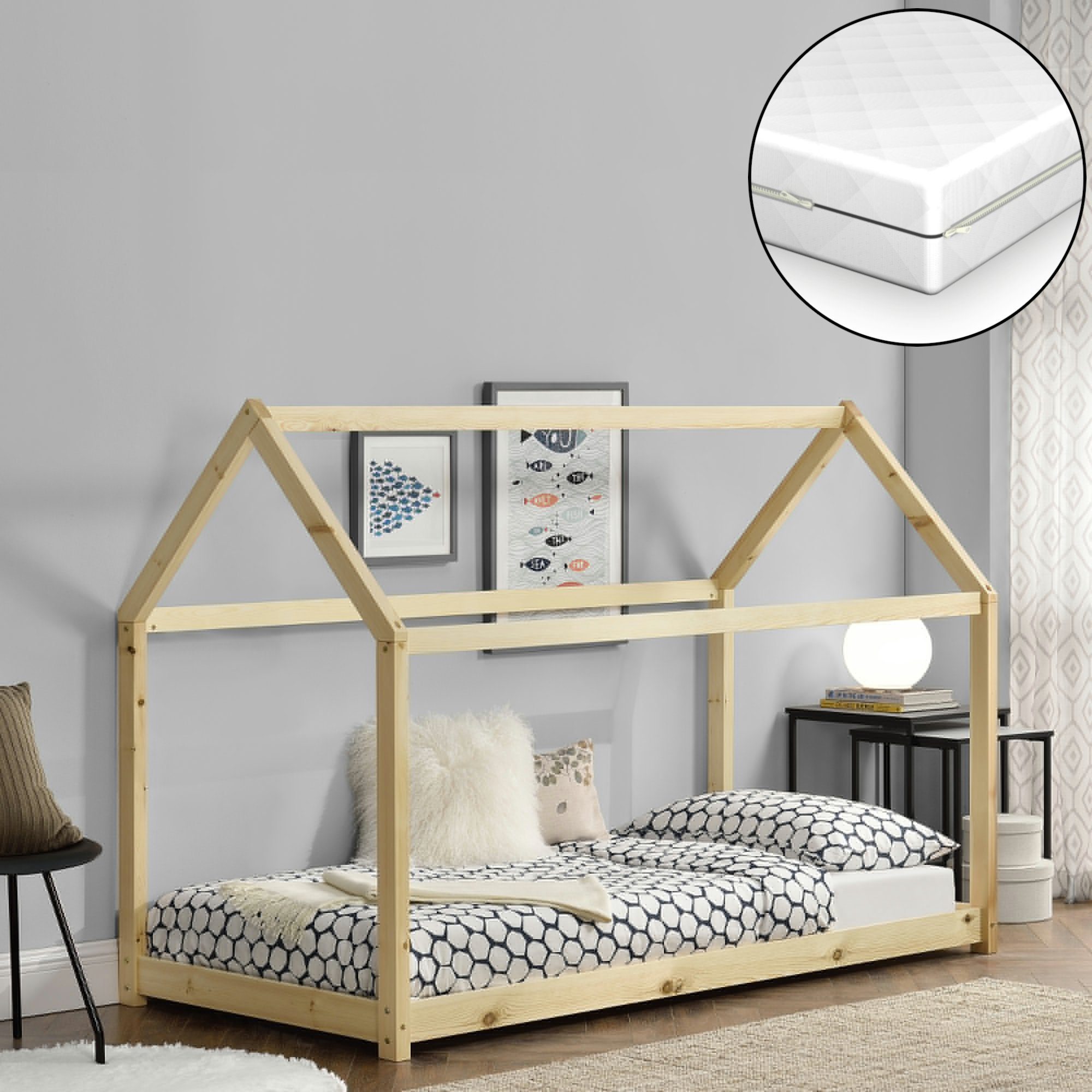 en.casa Kinderbett, »Netstal« Hausbett mit Matratze Kiefernholz 70x140cm Naturholz