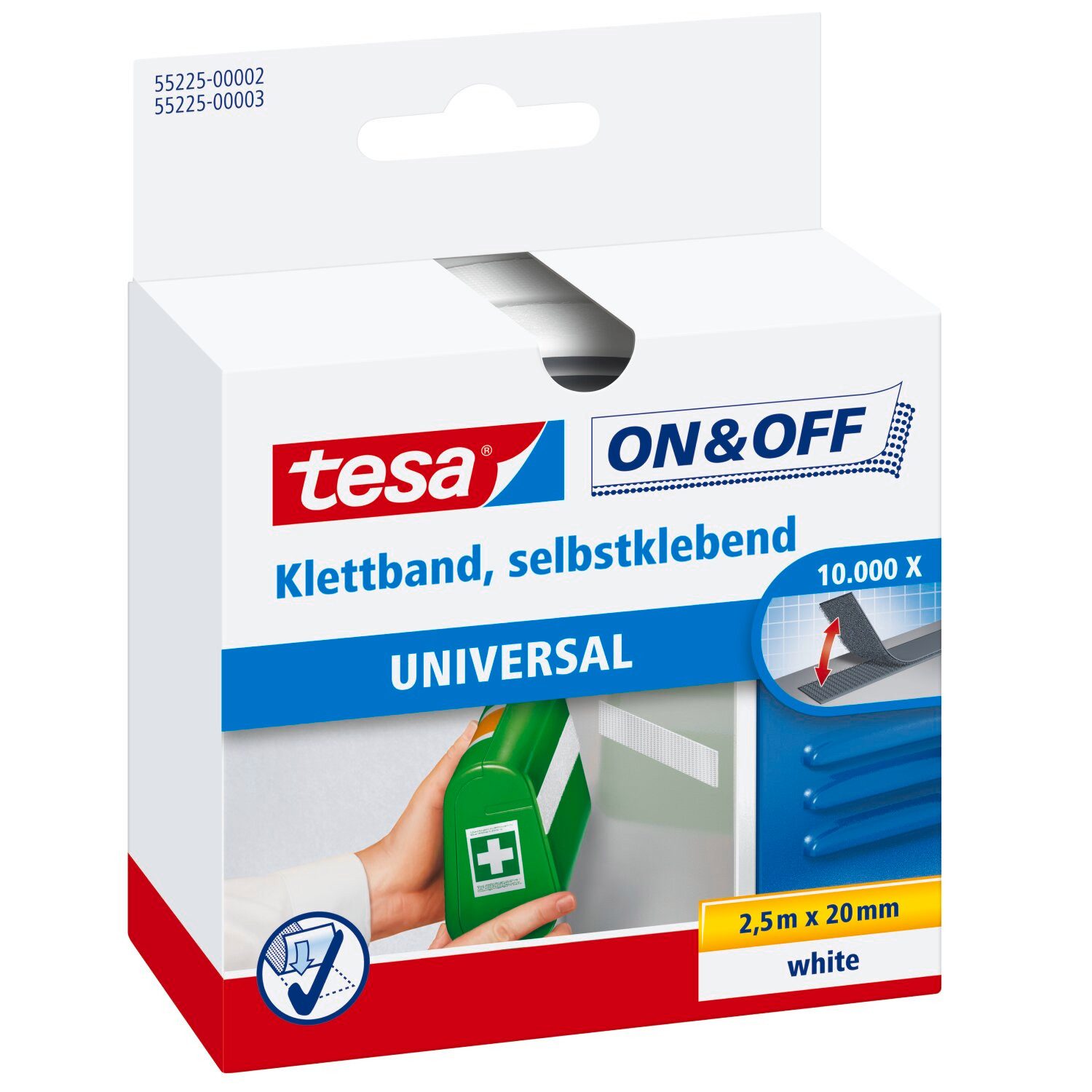 tesa Klett-Klebeband ON & OFF Extra Strong Klettband (Packung, 1-St) selbstklebendes Klettband - extra stark - weiß - 2,5 m : 20 mm