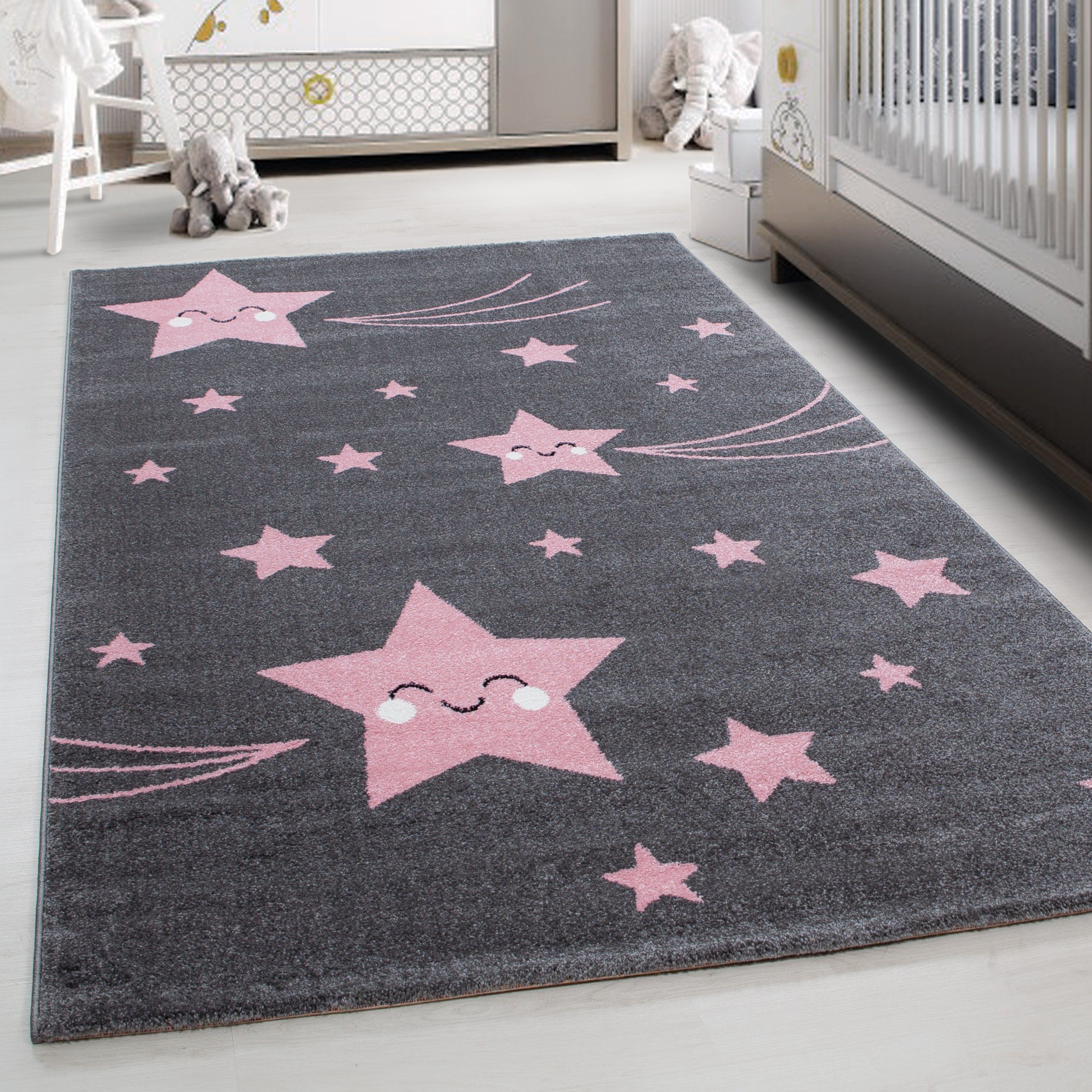 Teppium Teppich Sterne-Design, Rechteckig, Höhe: 11 mm, Kinderteppich Stern-Design Rosa Baby Teppich Kinderzimmer Pflegeleicht