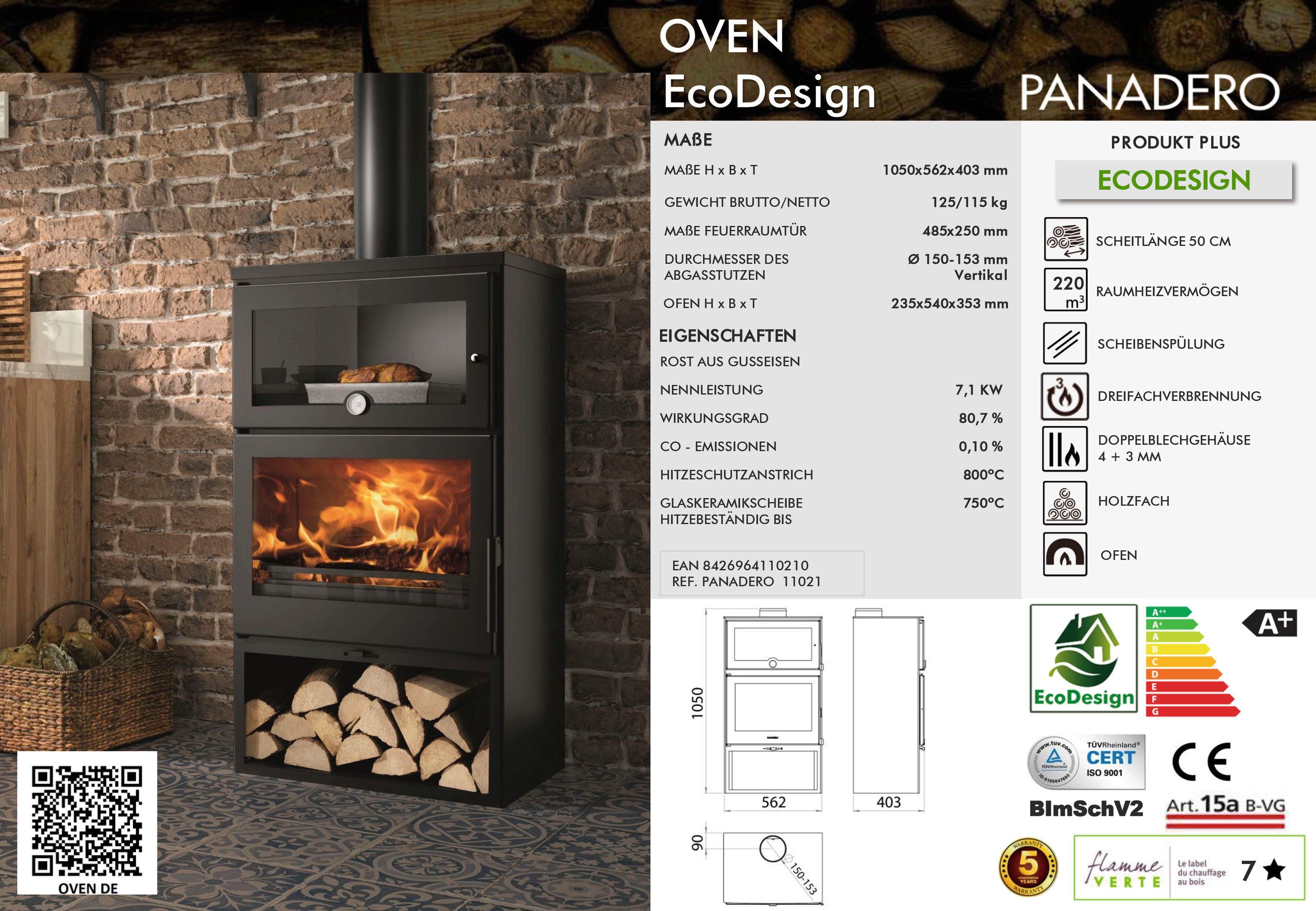 Panadero Kaminofen Kaminofen Oven Ecodesign, 7,1 kW, Zeitbrand