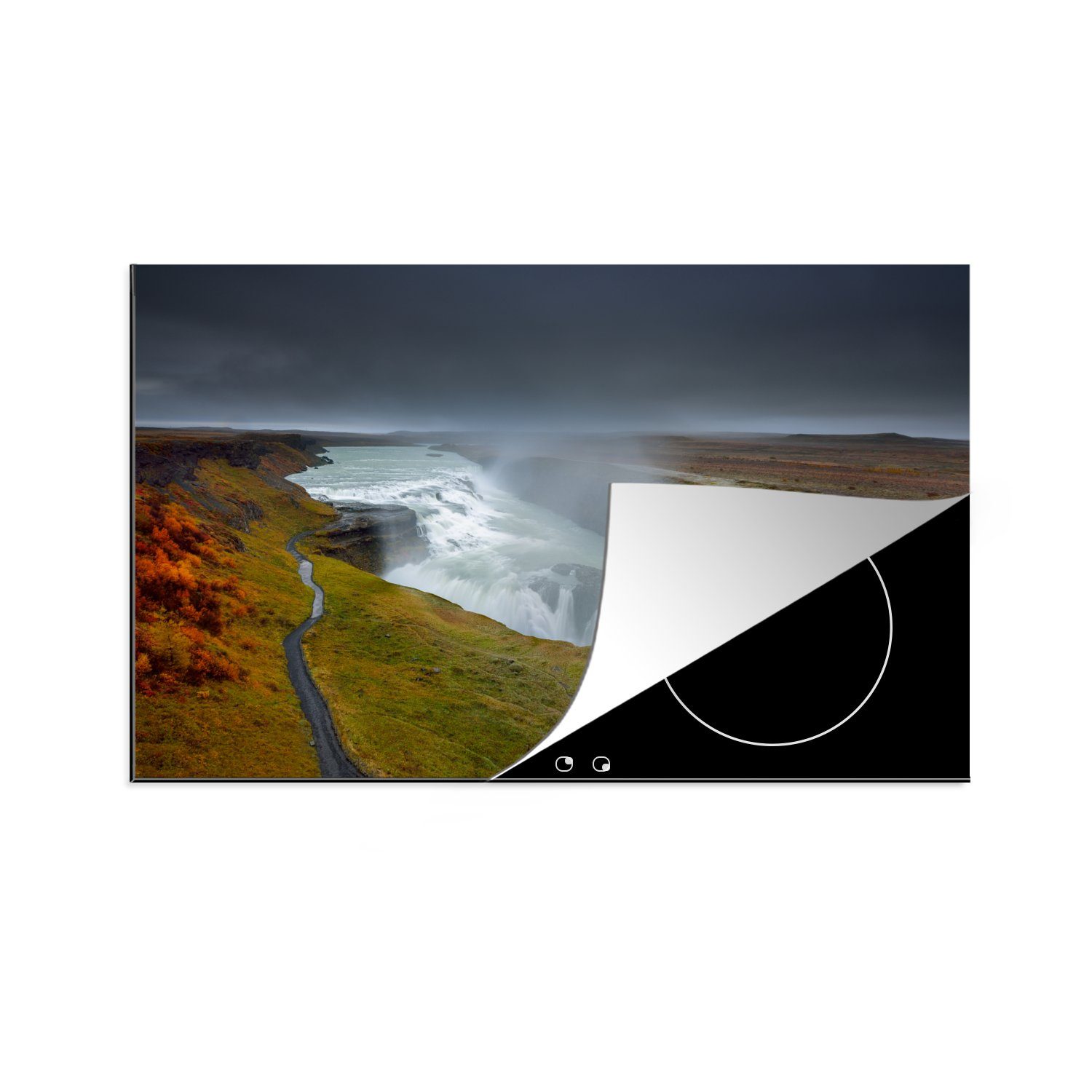 MuchoWow Herdblende-/Abdeckplatte Wasserdampf vom Gullfoss-Wasserfall in Island, Vinyl, (1 tlg), 81x52 cm, Induktionskochfeld Schutz für die küche, Ceranfeldabdeckung