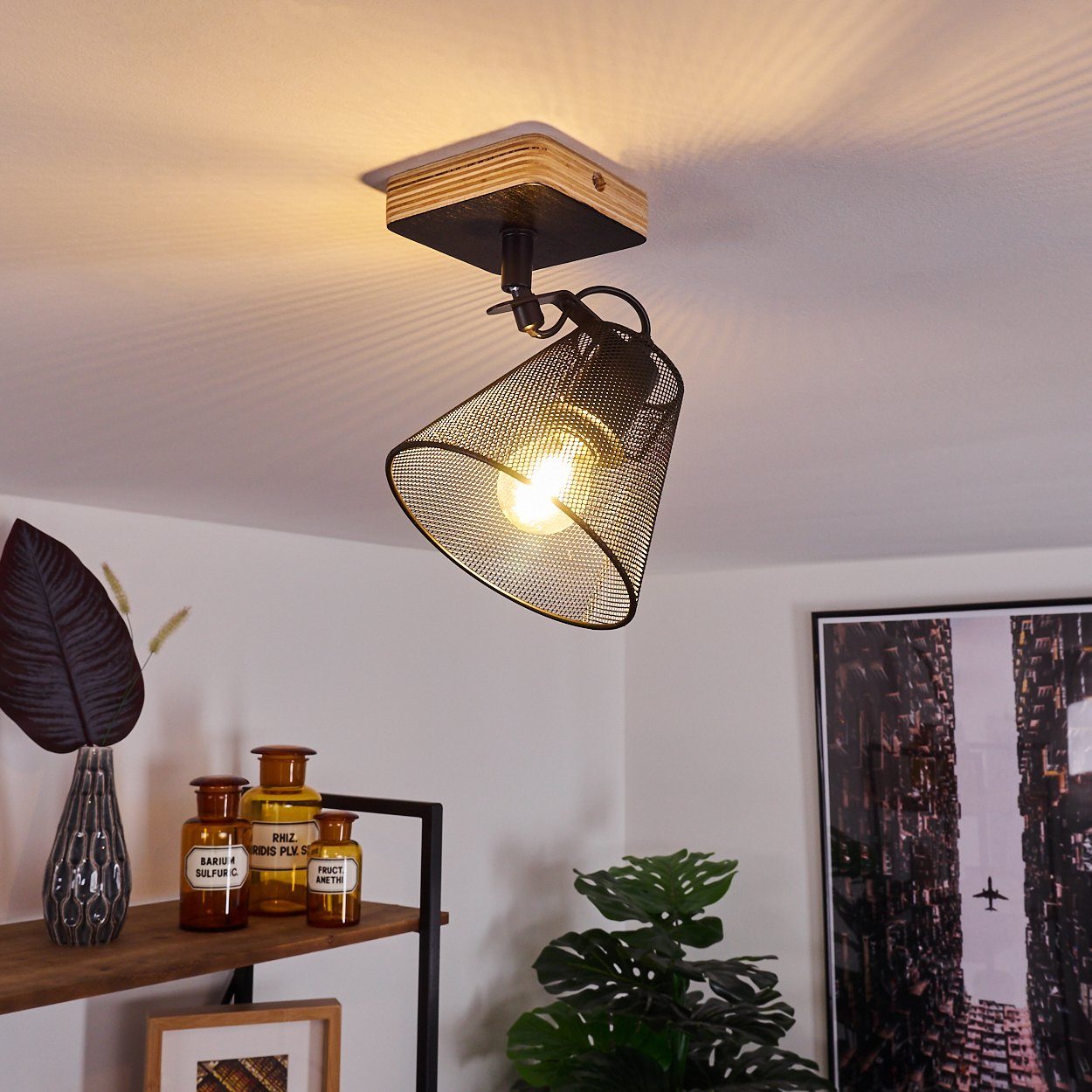 Neue beliebte Modelle hofstein Deckenleuchte Holz, und verstellbarer Wandlampe 1xE14 mit Lichteffekt, in Schwarz Metall »Tino« moderne aus Leuchtmittel, ohne