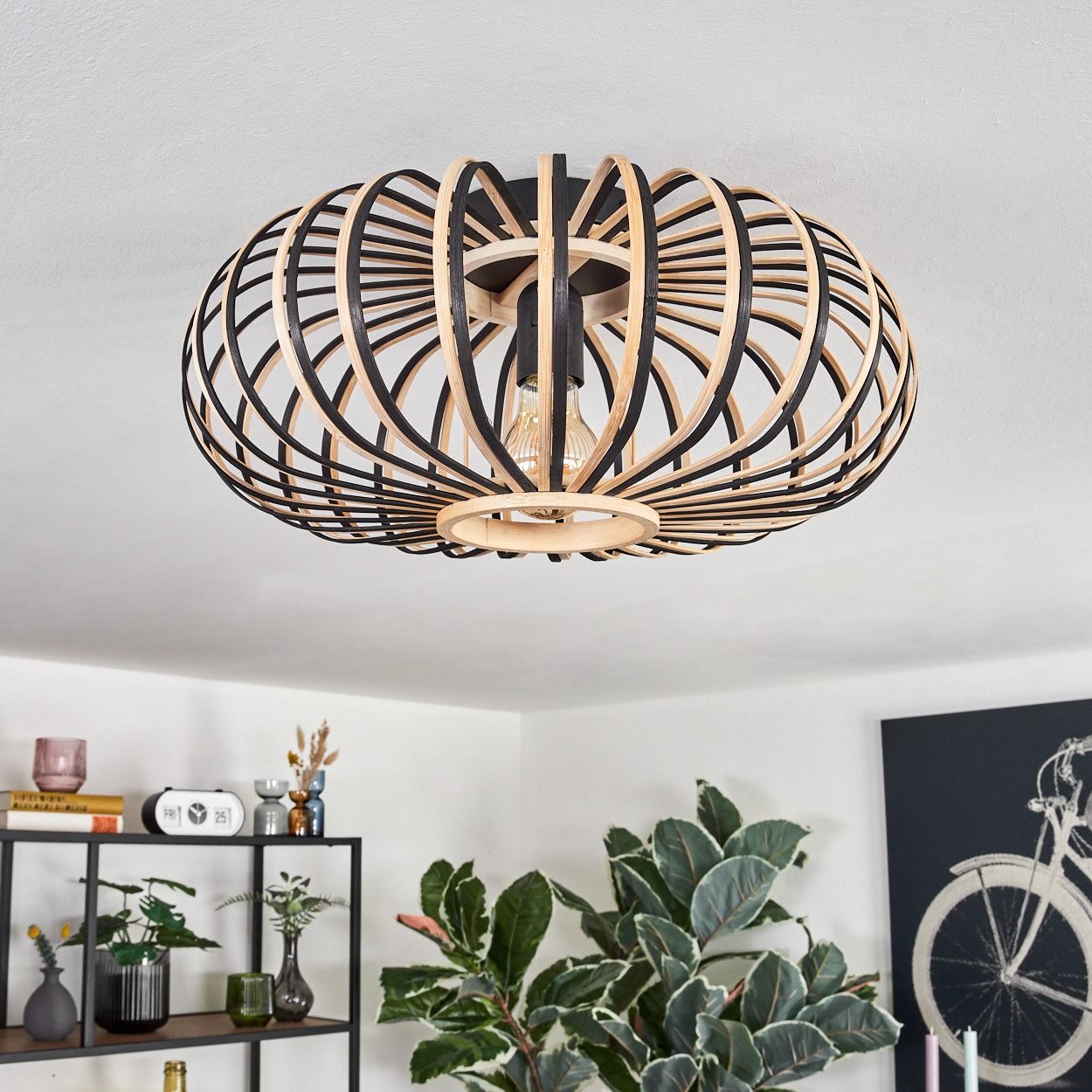 hofstein Deckenleuchte moderne Deckenlampe aus Metall/Bambus in Schwarz/Naturfarben, ohne Leuchtmittel, Boho-Design Deckenleuchte, Lichteffekt an d. Decke, Ø 40 cm, 1-flammig
