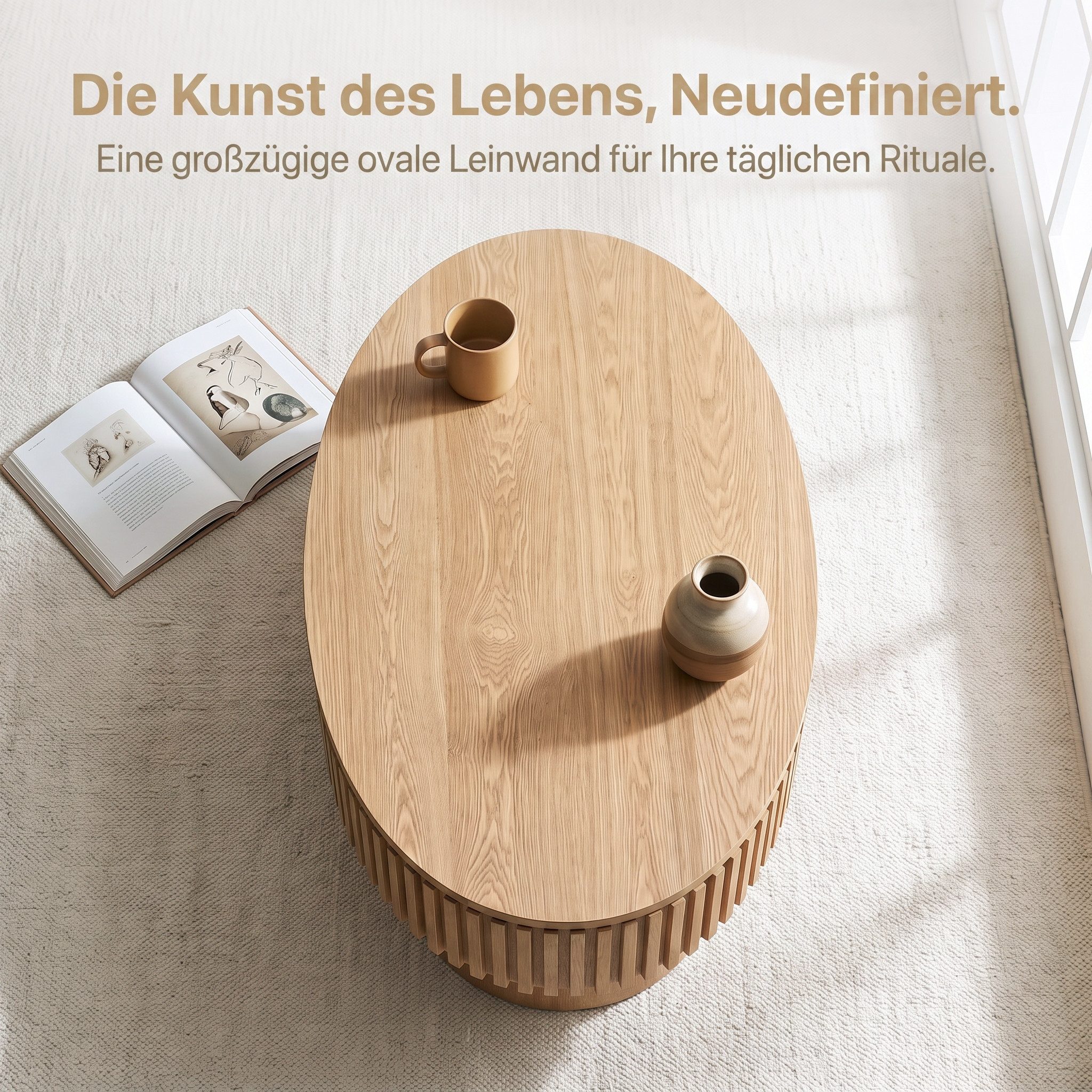 Celya Couchtisch 98 cm Ovaler Cocktailtisch mit verstecktem Stauraum (aus Massivholzfurnier, einfache Montage in 5 Minuten) – Bild 5 von 5
