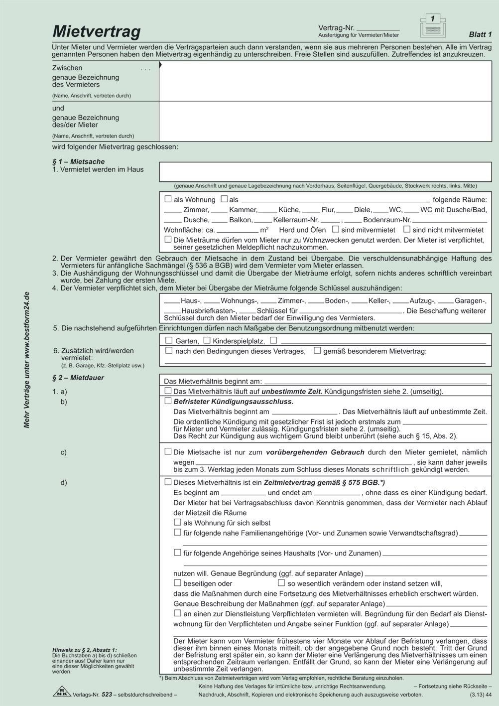 Formularblock 524 Universal-Mietvertrag Wohnungen SD mit Übergabeprotokoll 4x2 Blatt