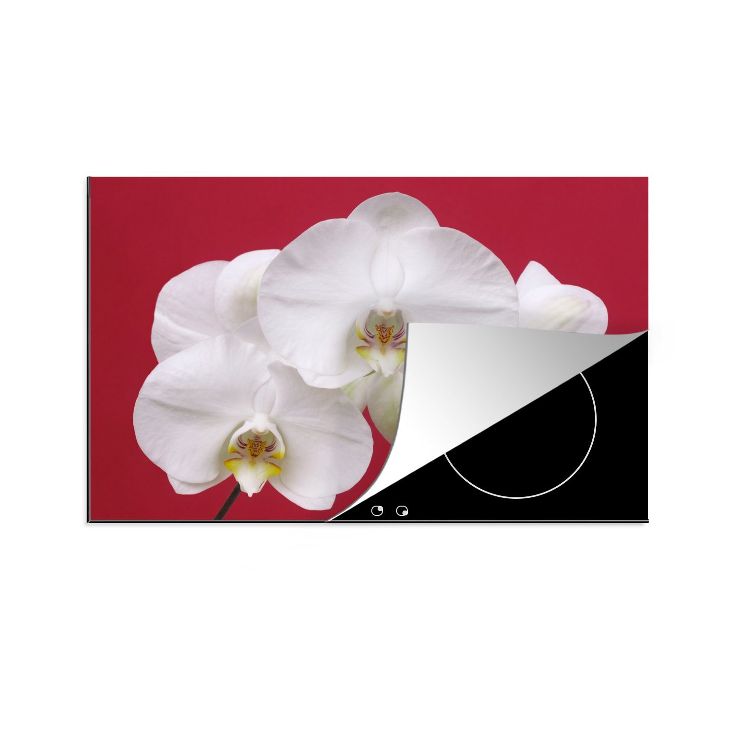 MuchoWow Herdblende-/Abdeckplatte 76x51.5 cm Weiße Orchidee auf Rot, Vinyl, (1 tlg), Induktionsschutz - Herdabdeckung Matte von Vinyl, das perfekte, rollbare Material für jedes Kochfeld - vergrößert die Arbeitsfläche - Küchen Dekoration - Induktionsherd Abdeckung Induktionskochfeld