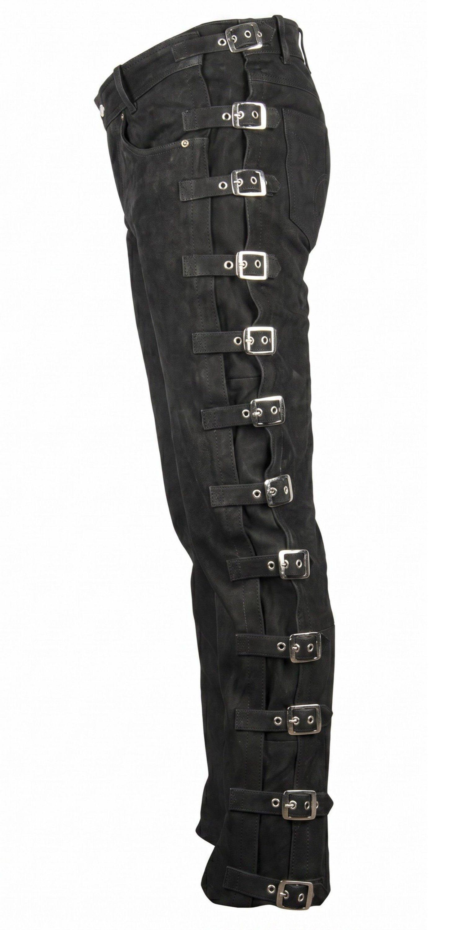MDM Lederhose Schnallen Lederhose Herren Bikerjeans aus Büffel Nubuk Leder Schwarz (Herren Biker Lederhose aus Büffel Nubuk Leder mit Schnallen) aus Büffel Nubu – Bild 4 von 5
