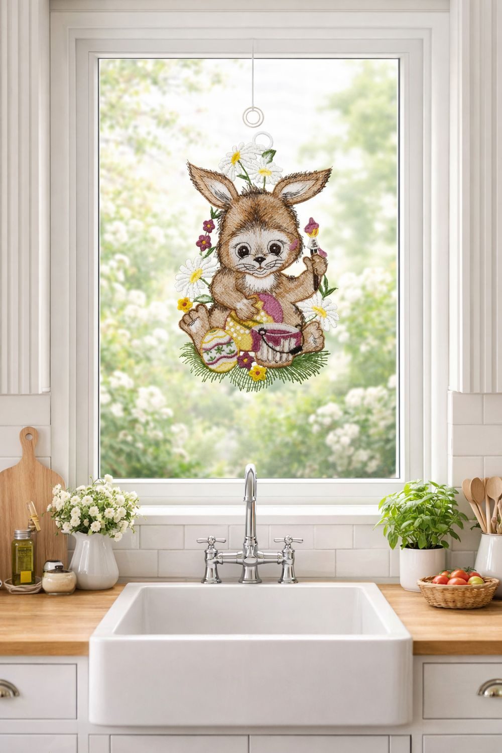 texpot Fensterbild Plauener Stickerei Osterhase mit Eimer Saughaken, Saughaken