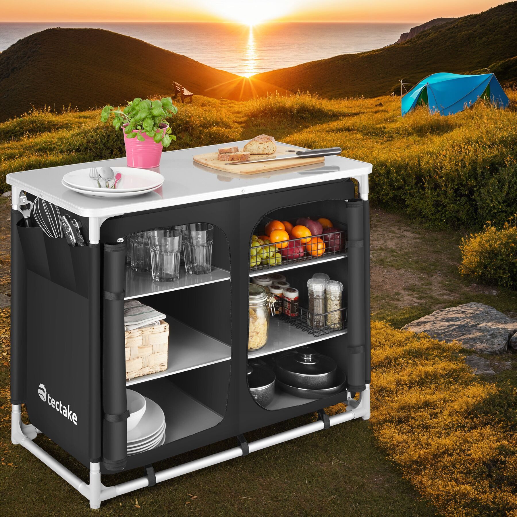 tectake Campingtisch Camping-Klapptisch, Maße: 97 x 47,5 x 78 cm, lässt sich falten (Outdoor-Tisch, 1-St., in schwarz), Wetterbeständig, Stauraum mit 6 Fächern, inklusive Tragetasche