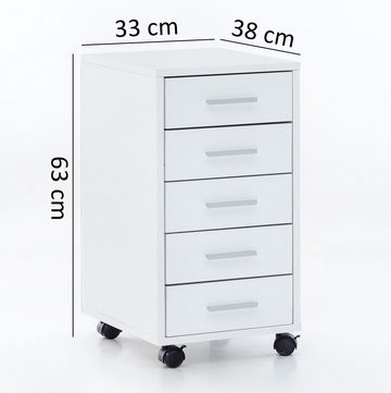 Wohnling Rollcontainer WL5.273, (Schreibtischcontainer 33 x 63 x 38 cm Weiß), Rollschrank 5 Schubladen, Bürocontainer mit Rollen