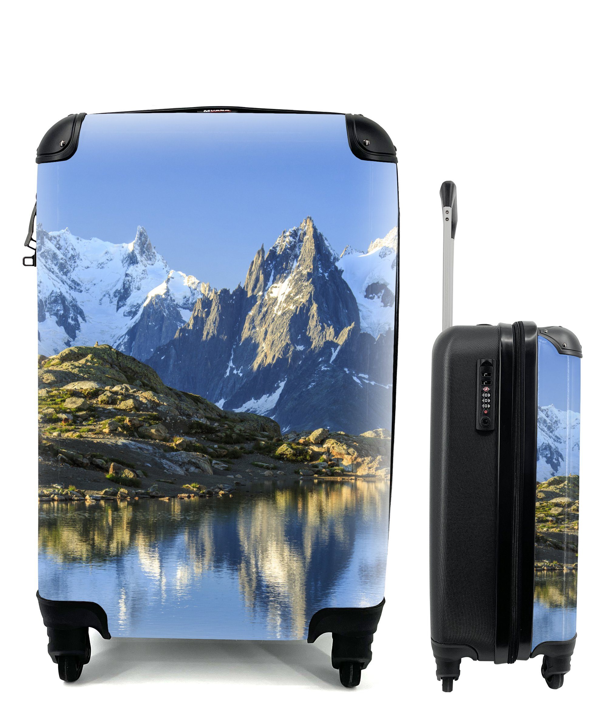 MuchoWow Handgepäckkoffer Die schneebedeckten Gipfel des Mont Blanc spiegeln sich im Weißen See, 4 Rollen, Reisetasche mit rollen, Handgepäck für Ferien, Trolley, Reisekoffer