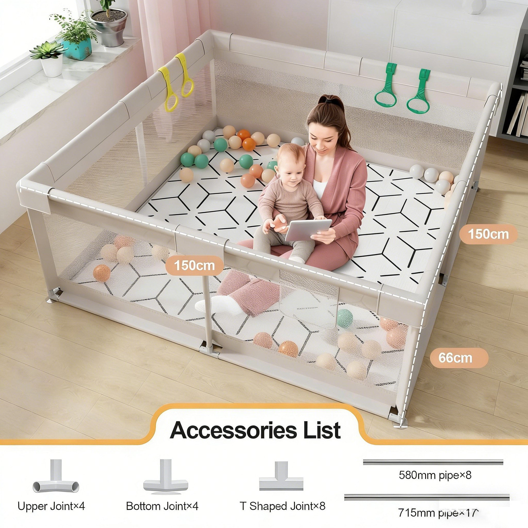 MC Star Laufgitter mit Matte 150x150 cm, Laufstall Baby mit Matratze (Sicher und Geräumig für die Wohnung, Rutschfeste Basis, Atmungsaktives Netzdesign (150X150X64 cm)