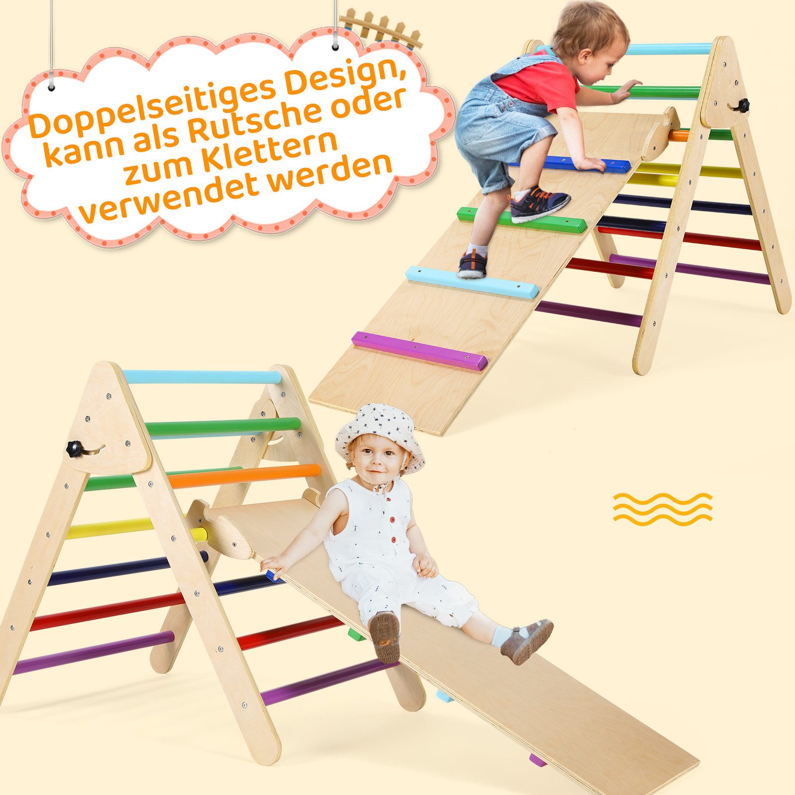 TLGREEN Klettergerüst Indoor Klappbar, 2 in 1 Kletterdreieck mit Rutsche, (Holz Montessori Motorik Spielzeug, 2-St., Ideal für Anfänger, kleine Wohnungen und den Einstieg), Kletterdreieck klappbar