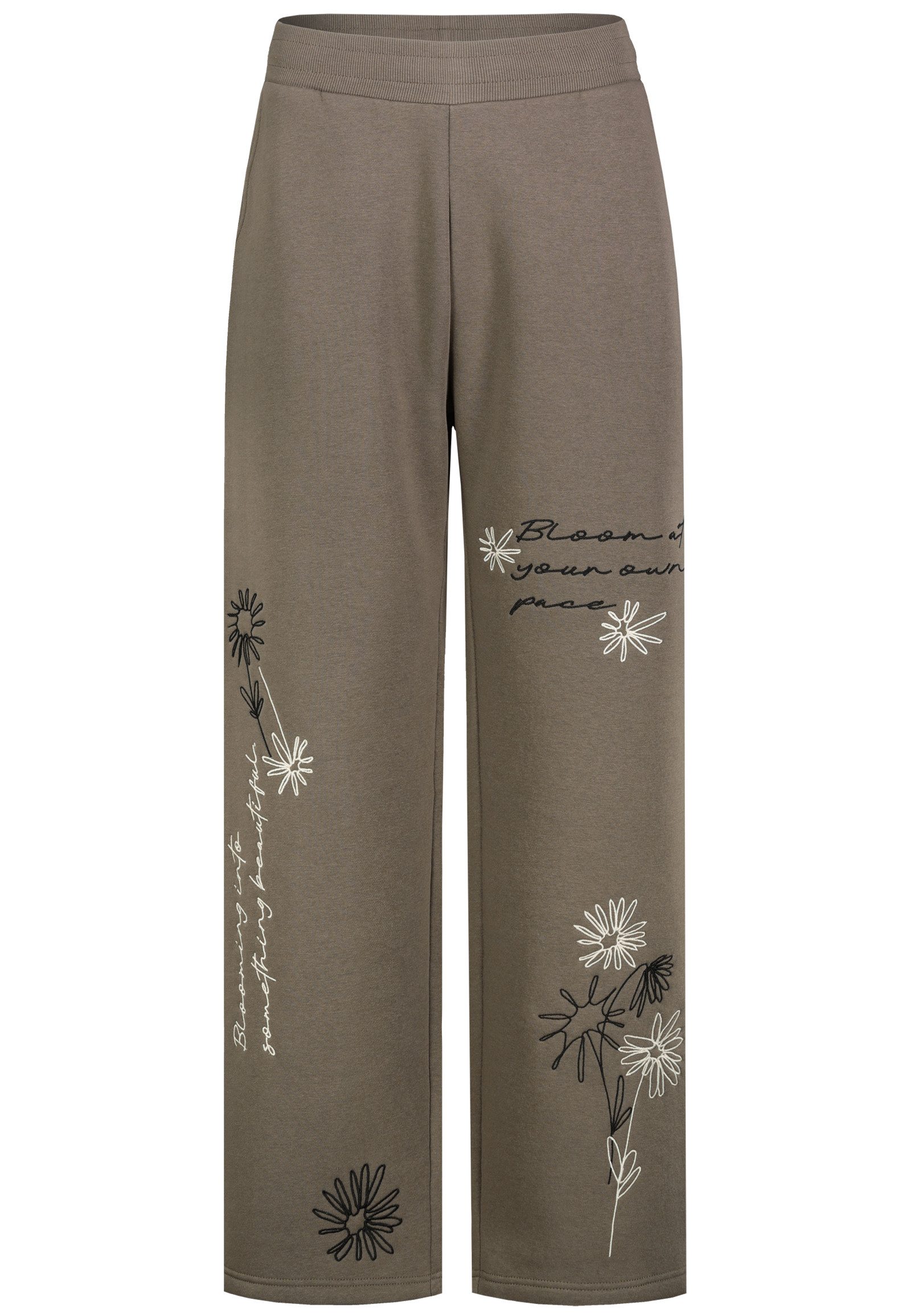 Eight2Nine Stoffhose Weites Bein Blumenstickerei Rippbund für Damen (1-tlg) Angeraute Innenseite, Rippbund, Seitliche Schrägtaschen
