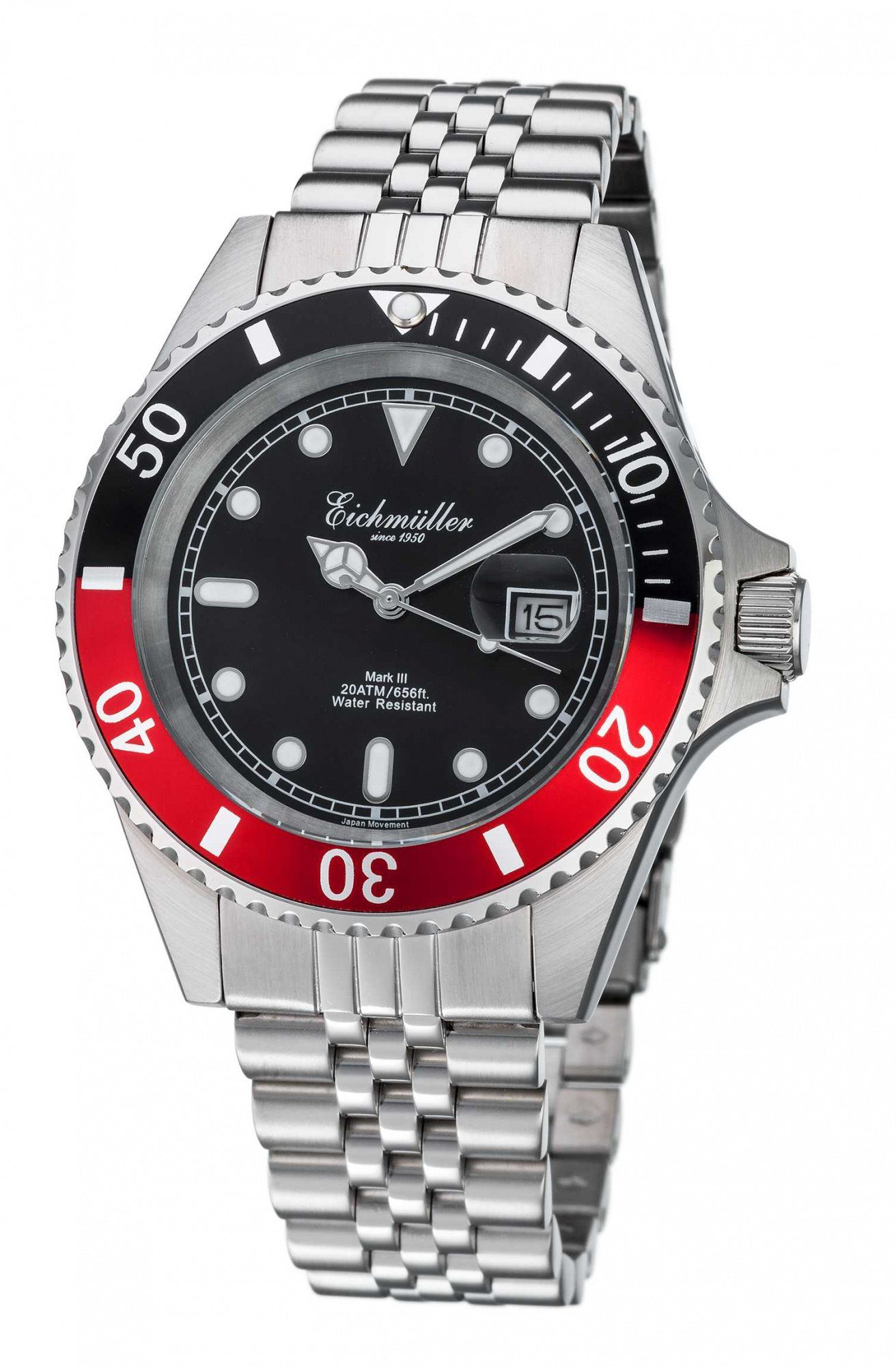 ATM 20 3464-02 Edelstahl-schwarz-rot Taucheruhr mm Edelstahlband Eichmüller 43 Herrenuhr