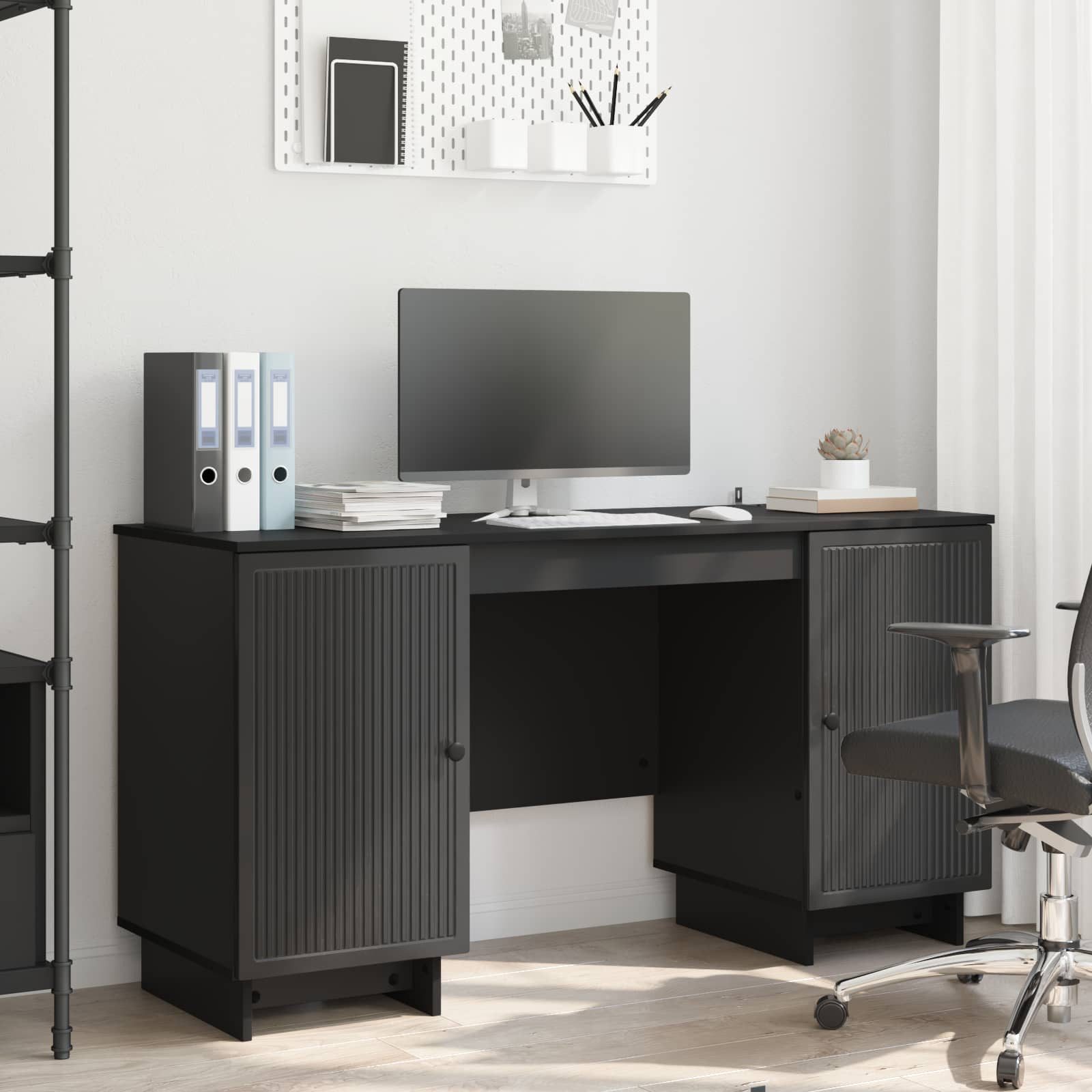 furnicato Schreibtisch 142,5 x 50 x 75 cm Schwarz (1-St), Stabiler Arbeitstisch mit Brett-Regalen für dein Home Office