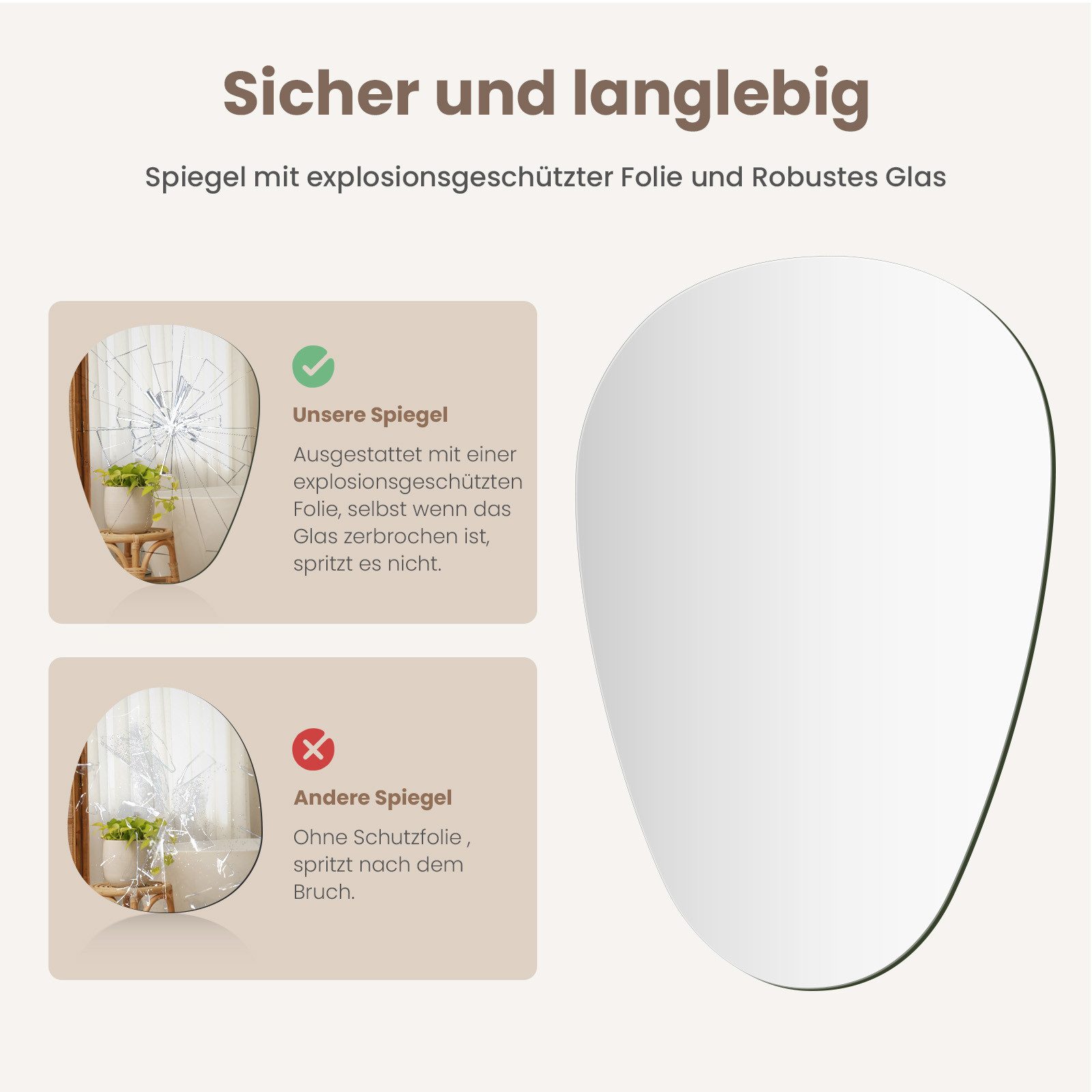 EMKE Spiegel Wandspiegel asymmetrisch Ultradünn Tropfenform, Tropfenform Dekospiegel Horizontal und Vertikal möglich 60×45