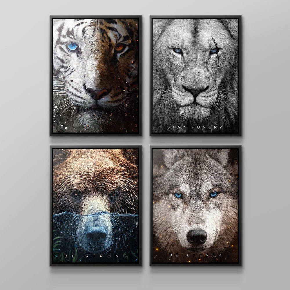 DOTCOMCANVAS® Leinwandbild ANIMAL FACE - Leinwand 4x, Englisch, Reduziert - Wandbild Bundle - Animal Face schwarzer Rahmen