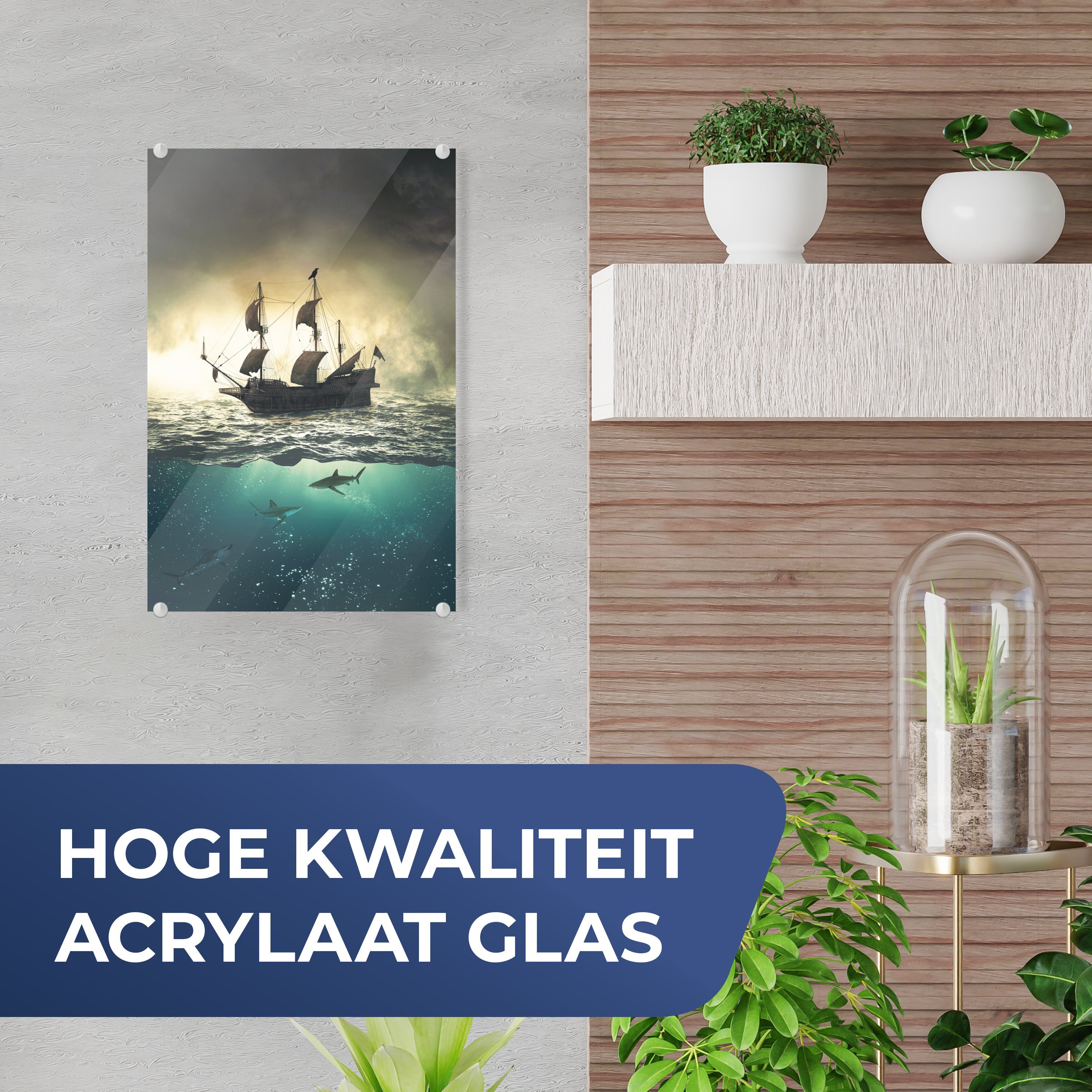 Acrylglasbild - St), Bilder Glas Wanddekoration Glas Meer, MuchoWow auf Hai - Foto auf Wandbild - Boot - Glasbilder - (1