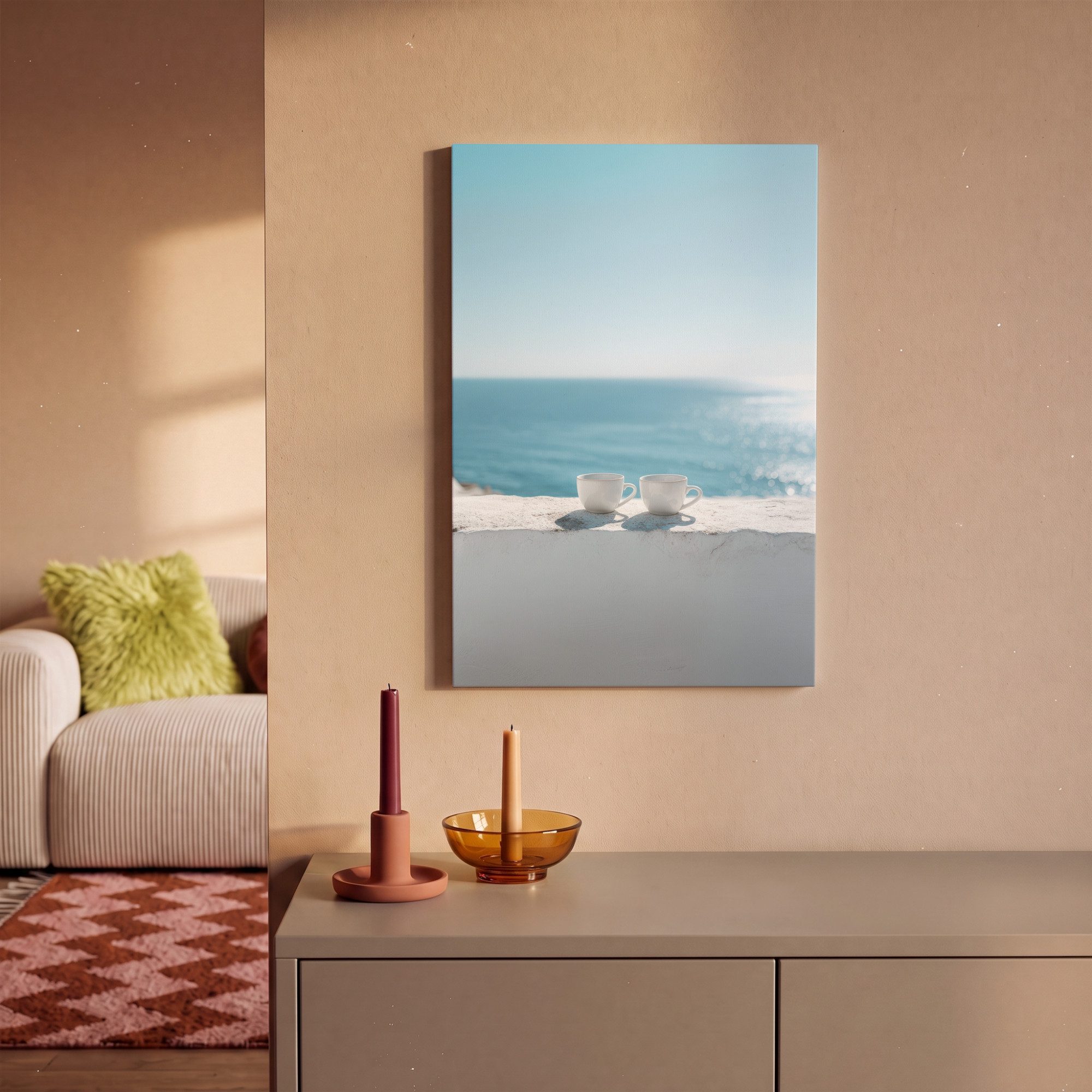 OneMillionCanvasses® Leinwandbild Meer - Kaffeetassen - Sommerlich, Fotodruck (1 St), Leinwand Bilder Klein, Wand Dekoration Aesthetic 30x20 cm – Bild 2 von 5